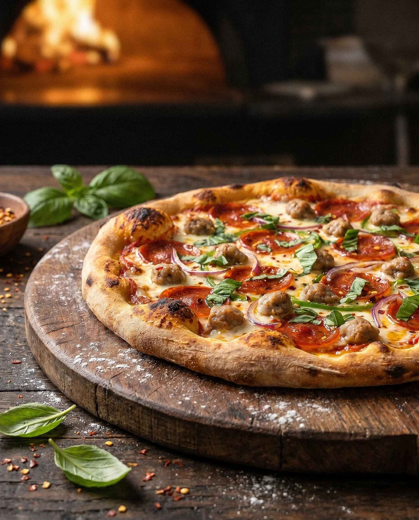 Imagem editorial de pizza artesanal criada como exemplo de conteúdo visual para restauração e comunicação gastronómica.