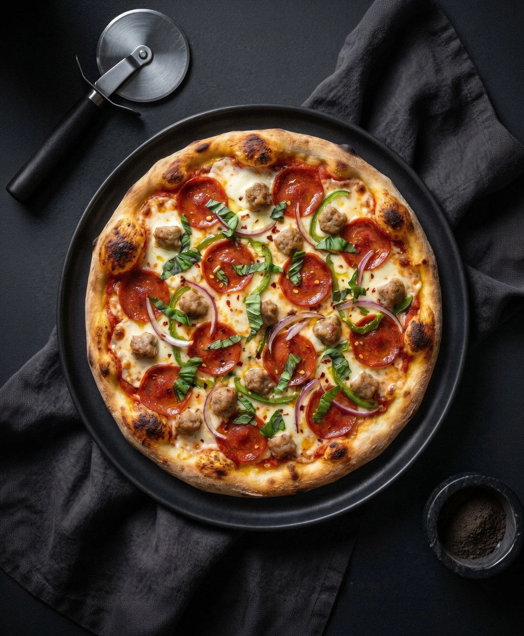 Pizza artesanal servida sobre fundo escuro com styling premium, criada para comunicação visual de marcas de food e restauração.