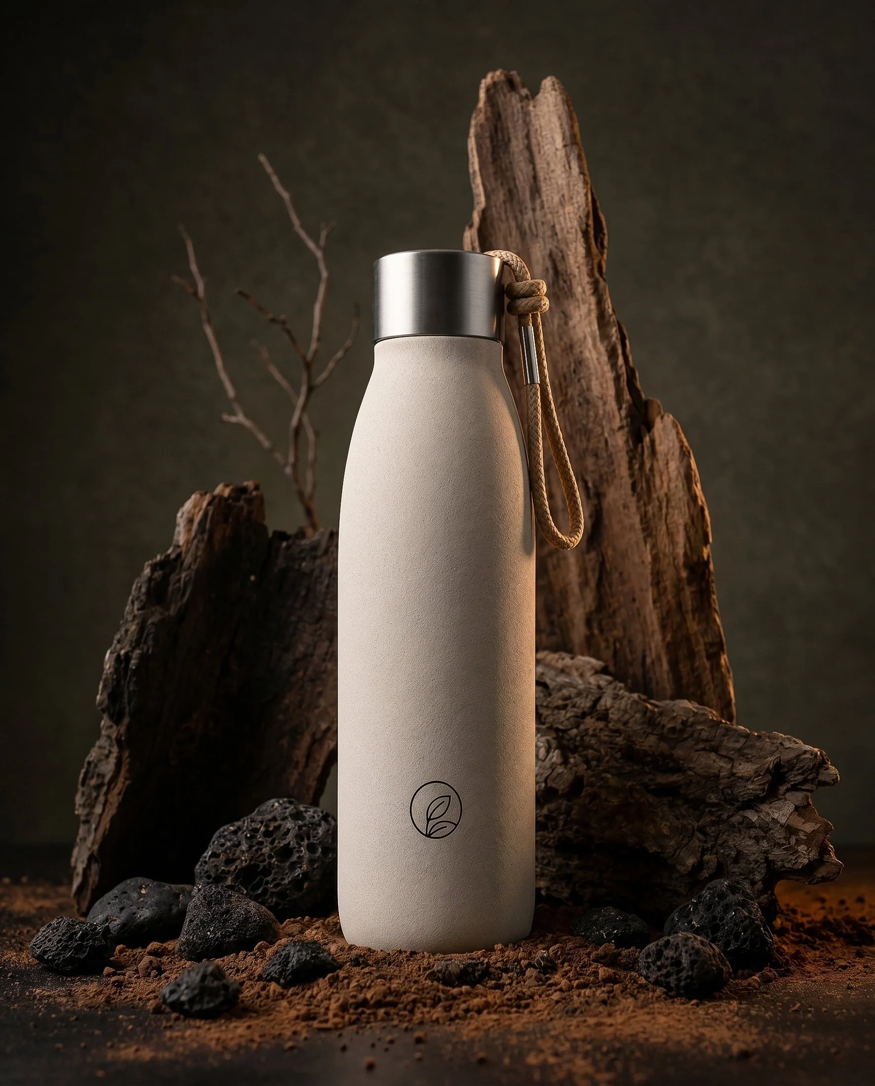 Imagem editorial de produto com garrafa térmica bege integrada num cenário natural escuro com madeira e pedra vulcânica.