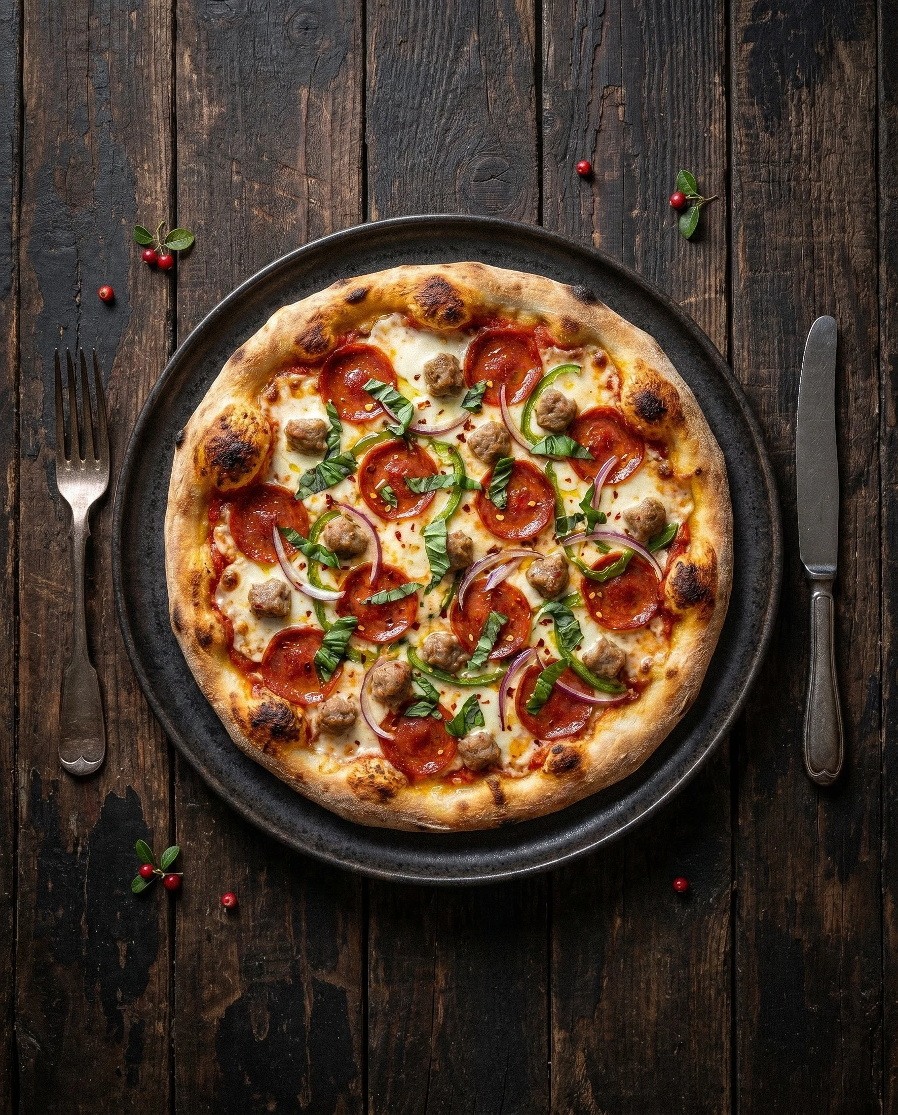 Vista superior de pizza artesanal sobre mesa rústica, criada como conteúdo visual gastronómico para restauração.