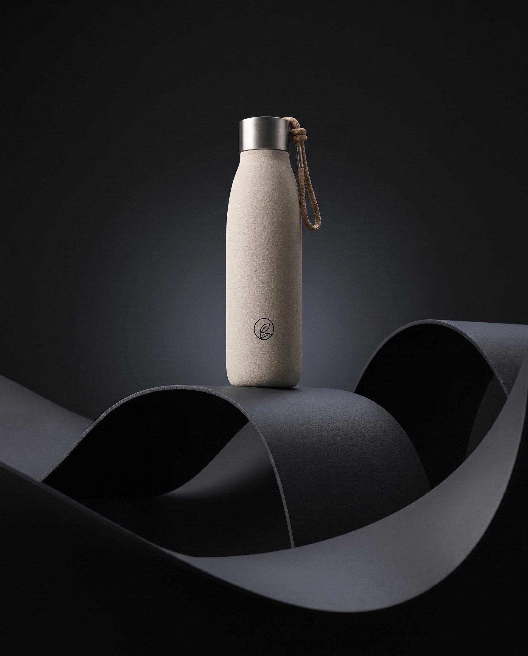 Imagem editorial de produto com garrafa térmica bege apresentada sobre formas escultóricas pretas em ambiente minimalista e premium.