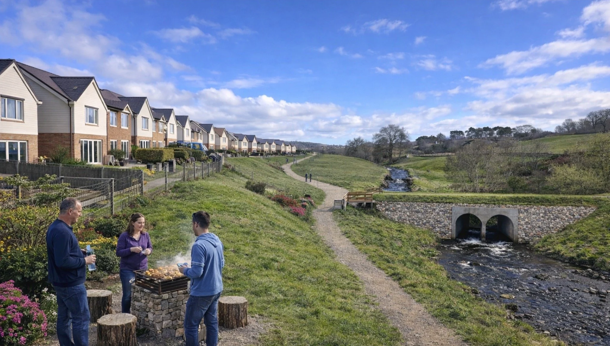 People having a barbecue along a stream in a park near a row of houses and a walking trail on a clear day.