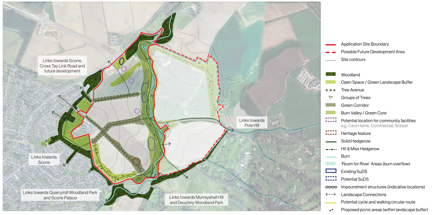A detailed map of a proposed development area showing boundaries, future development zones, site contours, and various landscape features including woodland, grasslands, hedgerows, and water bodies. The map highlights links to nearby parks and hills, potential community facilities, heritage features, and landscape connections and buffers.
