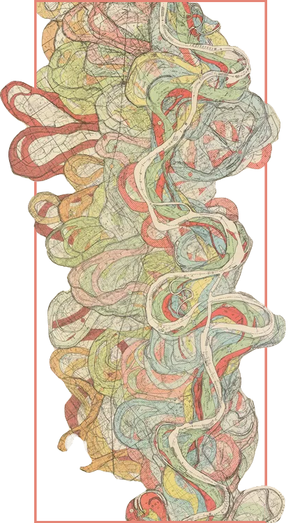 An colorful illustration of the river tributaries of the Mississippi River.