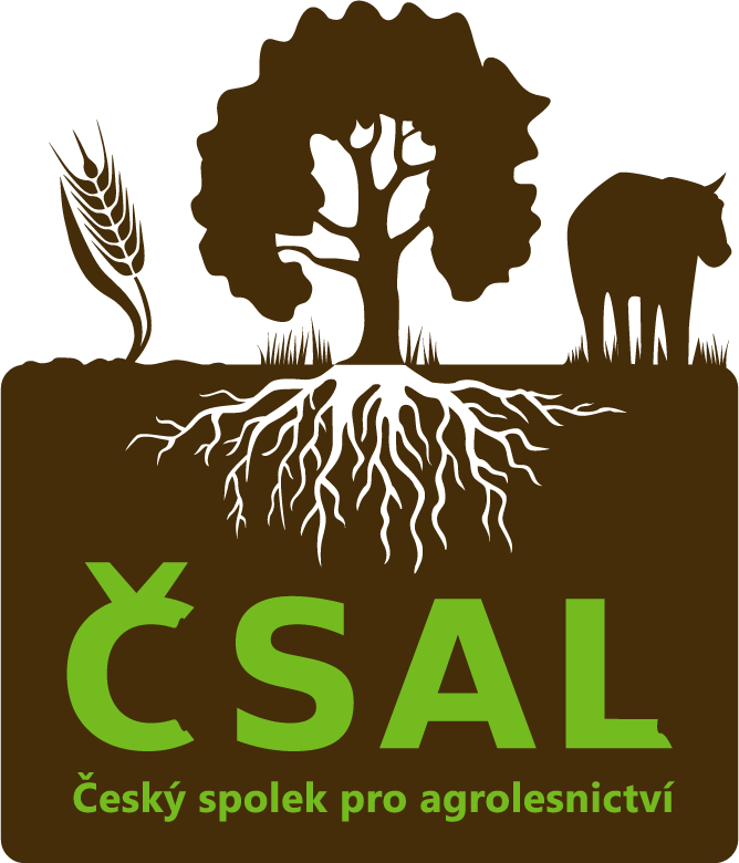 Logo featuring a brown tree with roots, a cow, and a wheat stalk, along with the text 'ČSAL' and 'Český spolek pro agrolesnictví' in green.