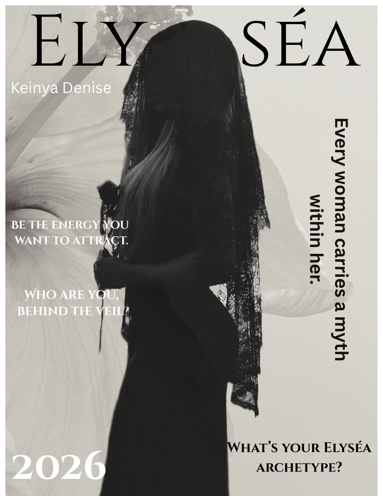 Black and white art magazine cover featuring a silhouette of a woman with long hair wearing a lace veil, overlaid with an abstract background, and containing text about Elysean archetypes and attraction.