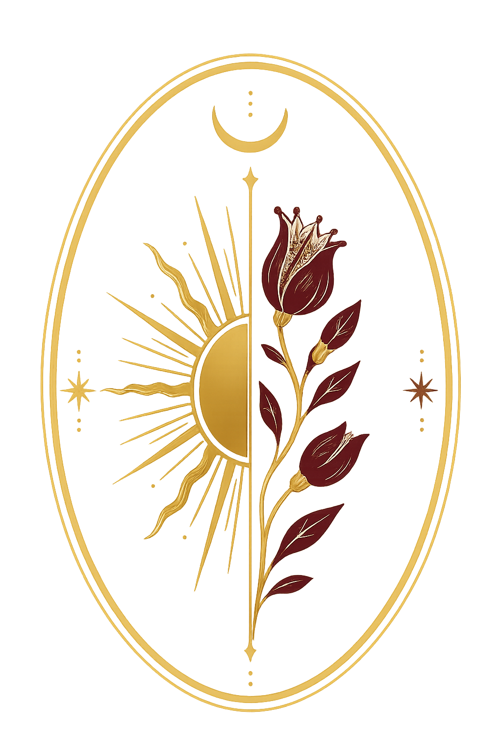 A rose with dark red petals and green leaves is superimposed over a golden background featuring a sun with rays, a crescent moon, and star symbols.