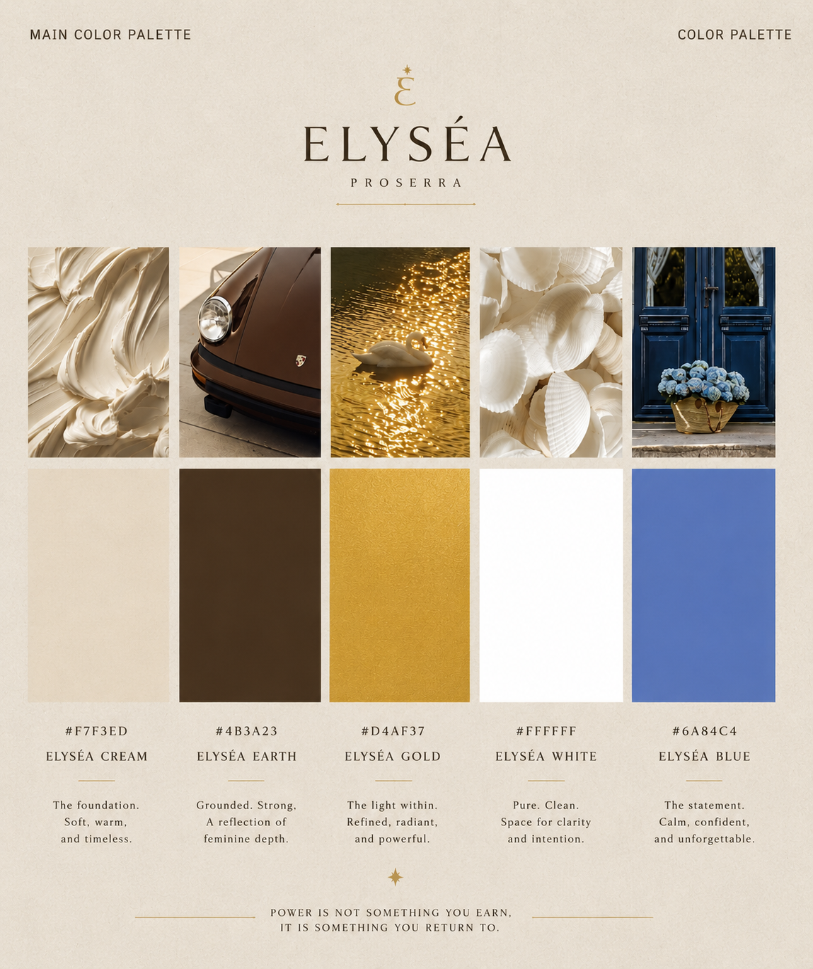 A color palette chart with five images and five corresponding color swatches. The images include cream-colored art, a brown sports car, a swan on a golden-lit lake, white seashells, and blue flowers in a basket outside a blue door. The palette includ