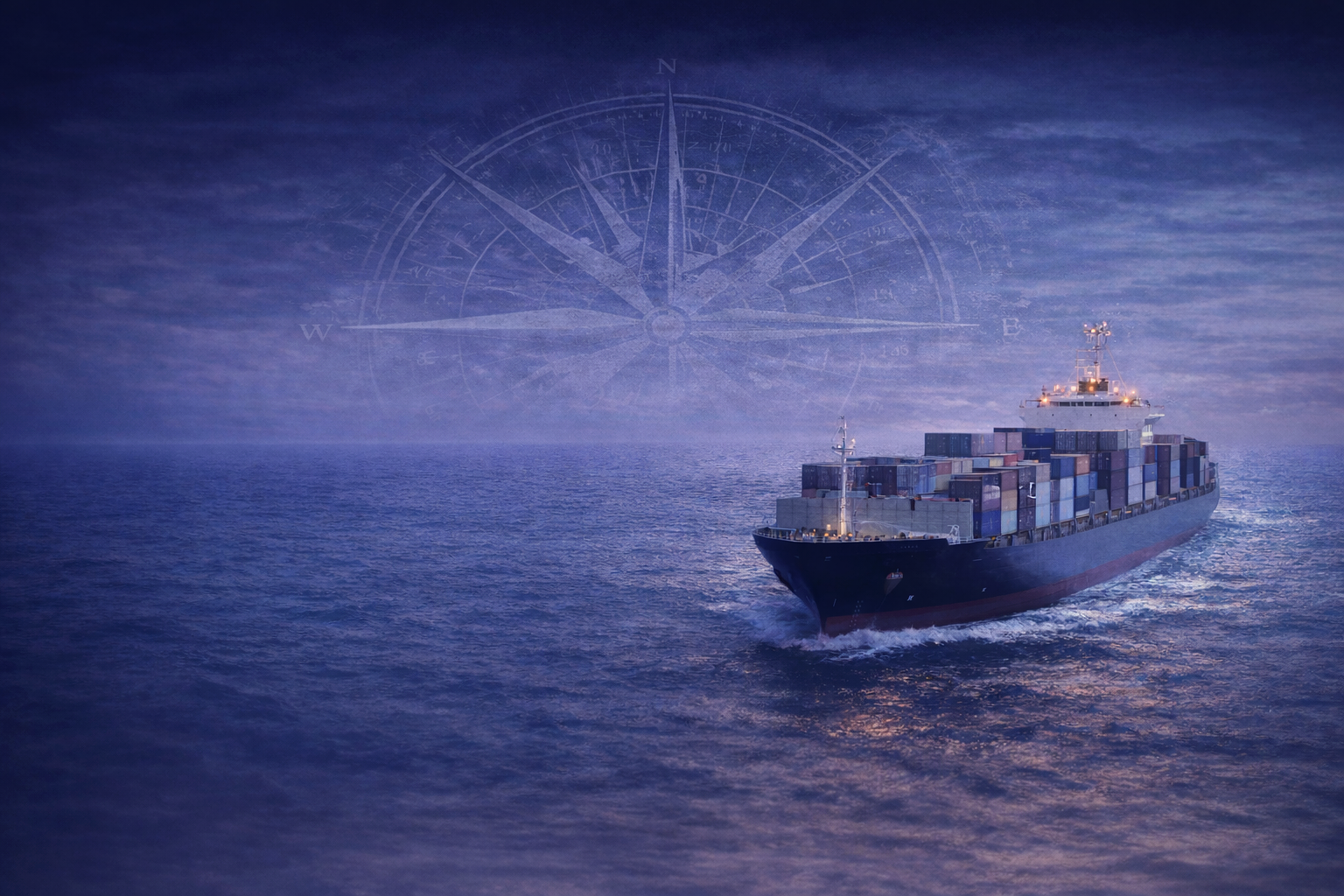 A cargo ship sailing on the ocean during twilight, with a faint overlay of a compass rose in the sky.