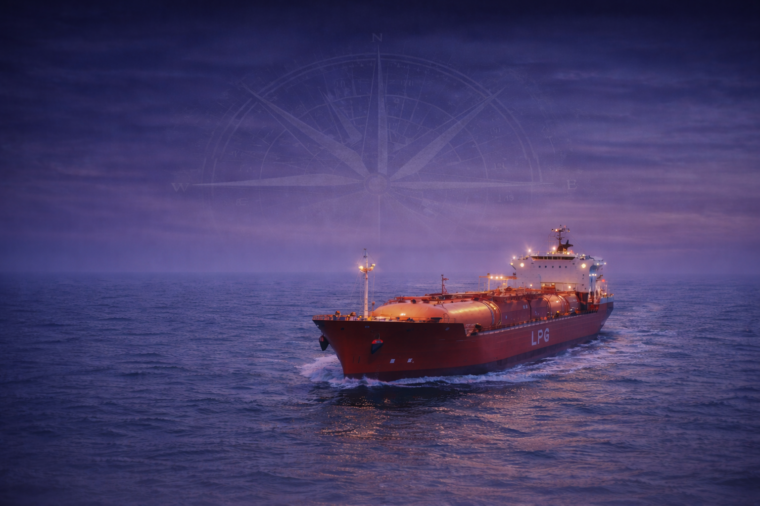 A red LNG (liquefied natural gas) tanker ship sailing on the ocean under a purple and blue sky, with a faint overlay of a nautical compass in the background.