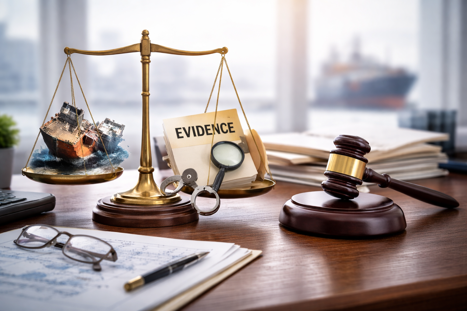 Legal office desk with maritime evidence, including a balanced scale with a ship and a document labeled "Evidence," a gavel, and legal papers.