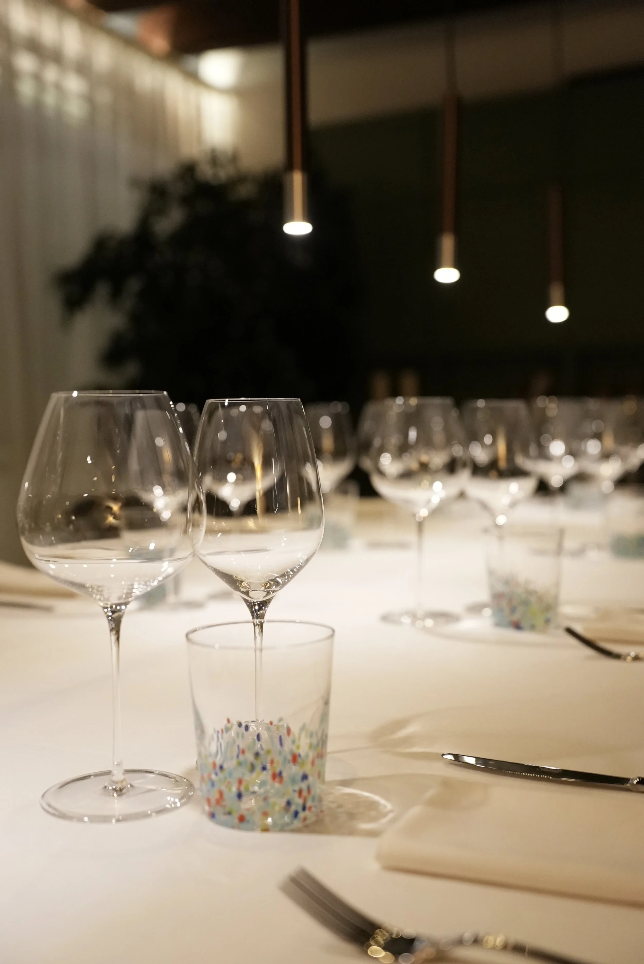Calici di vino su un tavolo in un ristorante elegante, con bicchieri di vetro trasparenti e un bicchiere riempito con sprinkles colorati.