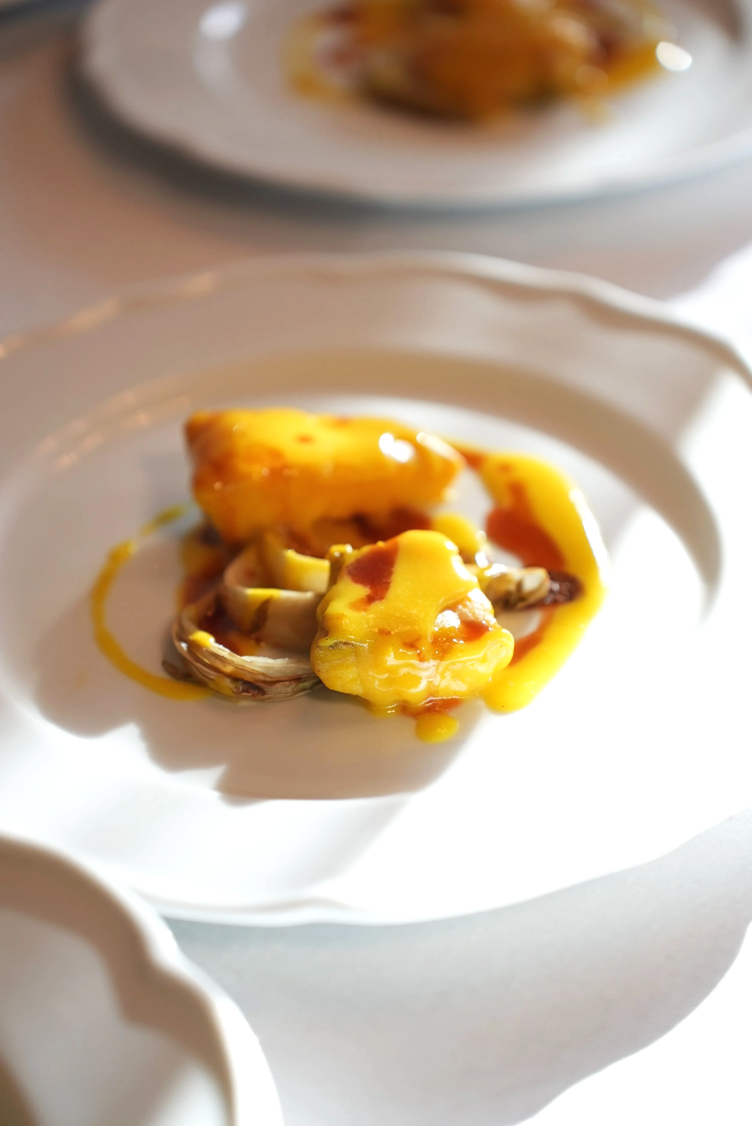 Piattino di molluschi freschi cotti con salsa gialla, decorato con olio d'oliva, in porcellana bianca