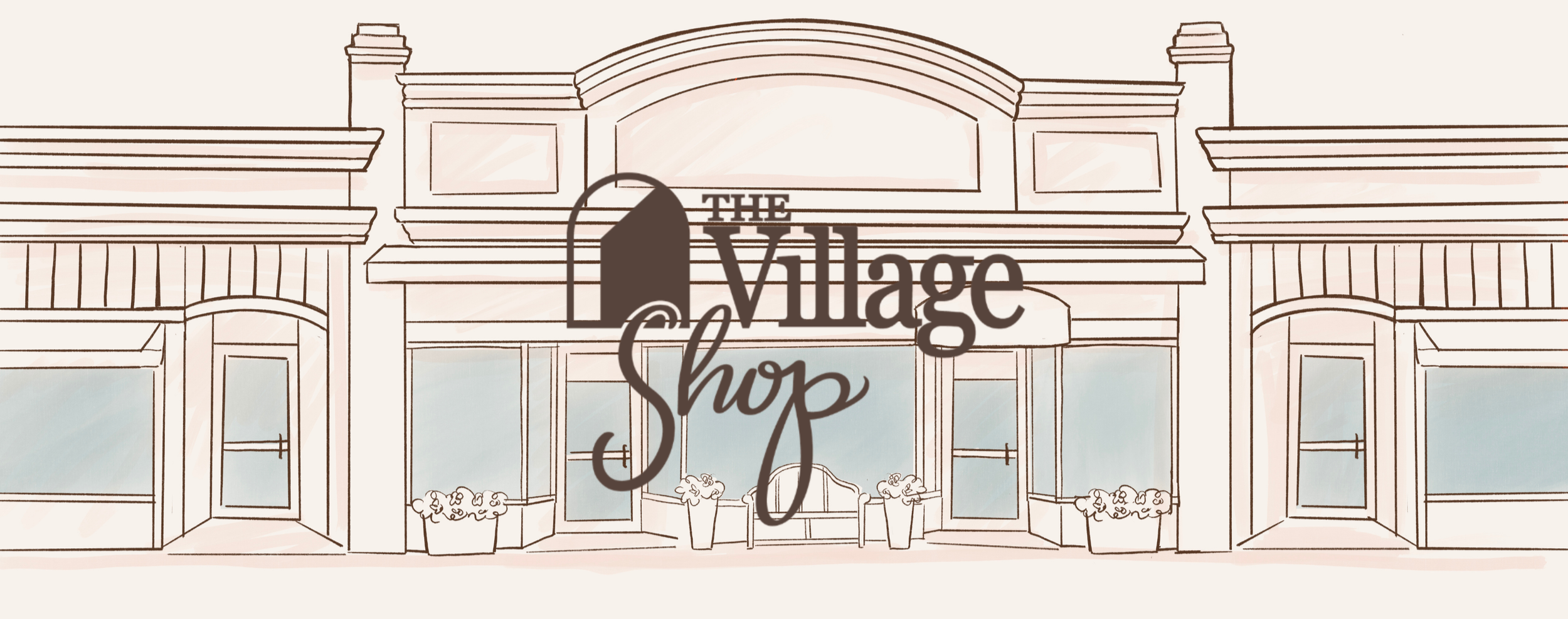 The Village Shop logo over an illustration of shop front