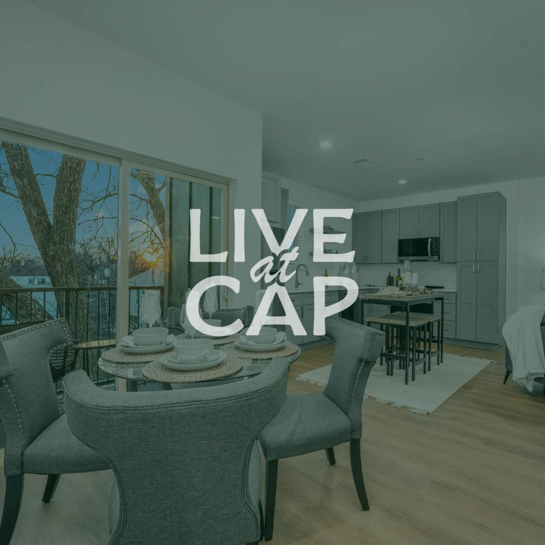 Image of Living Room and Kitchen with Live at CAP logo.