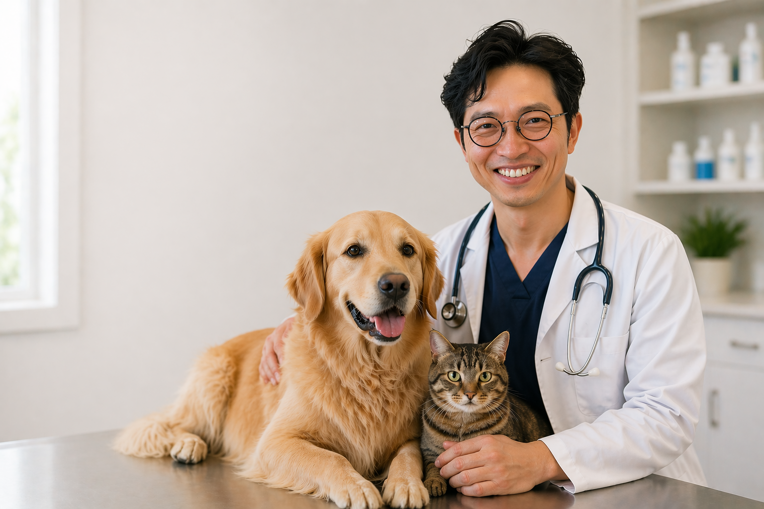 Dr. Seungbong Choi with a dog and cat in a bright veterinary exam room
