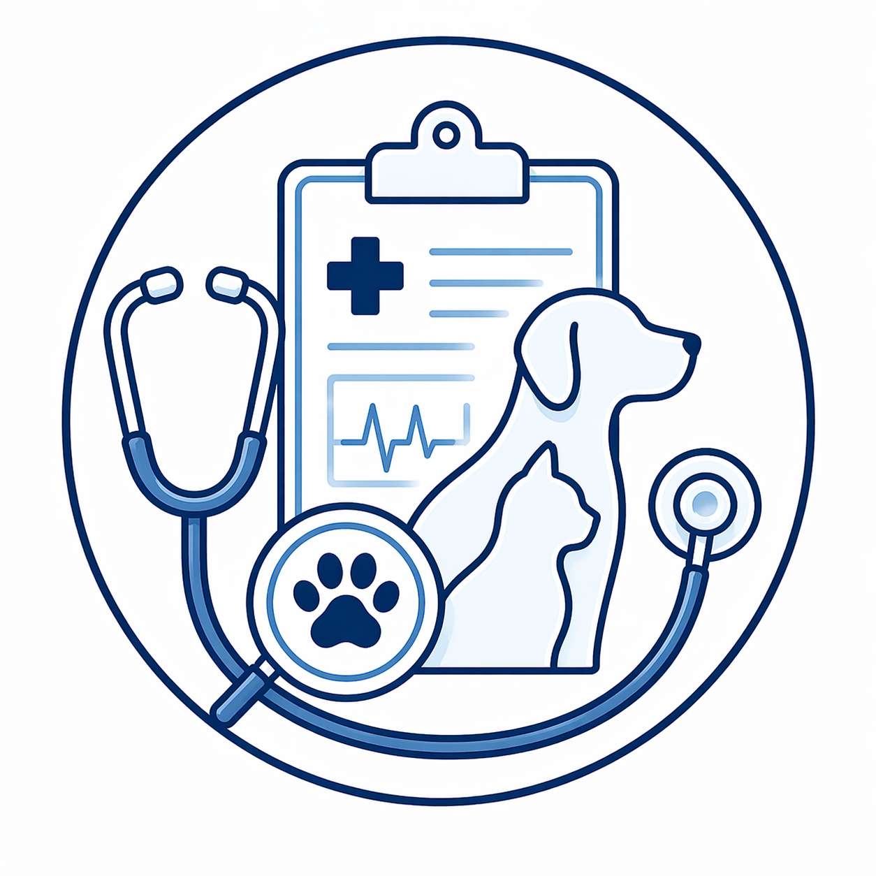 Internal medicine icon showing a dog and cat with a medical chart and stethoscope