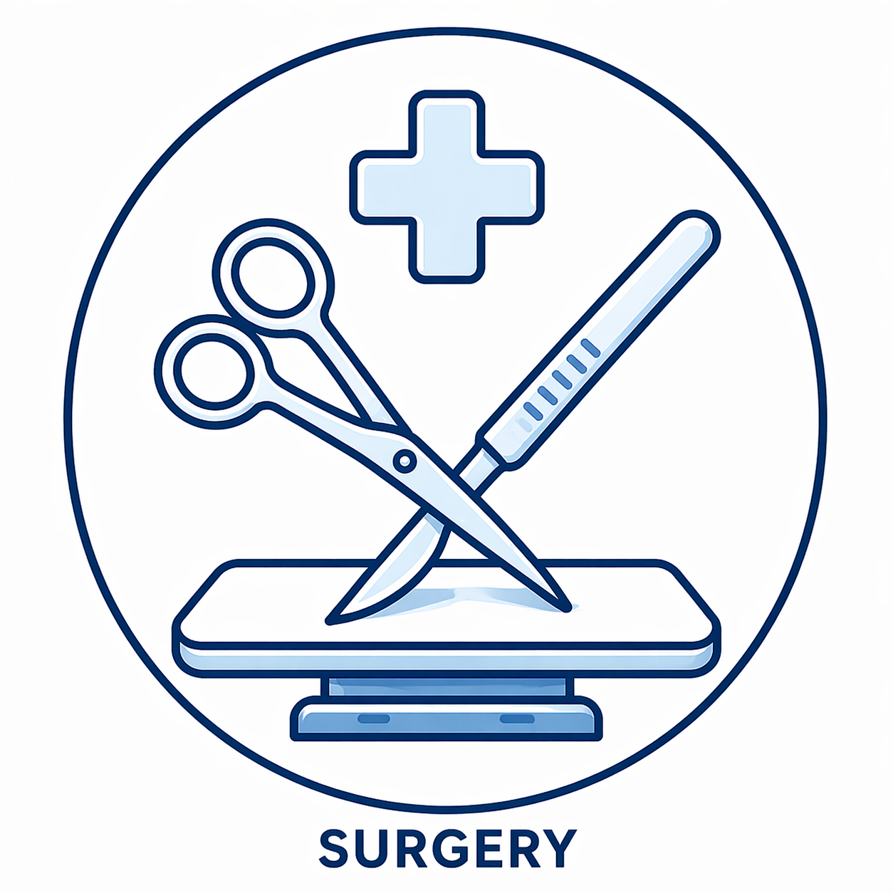 Surgery icon showing surgical scissors and scalpel above an operating table