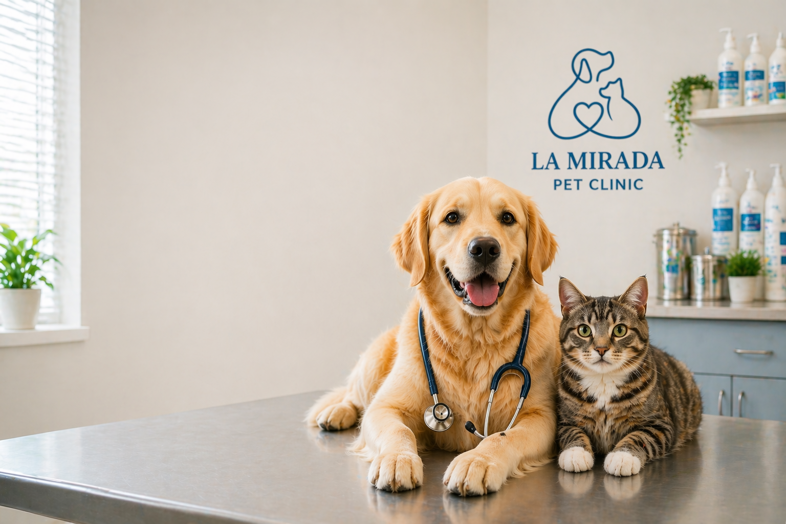 A happy golden retriever wearing a stethoscope lying on a veterinary examination table alongside a tabby cat at La Mirada Pet Clinic.