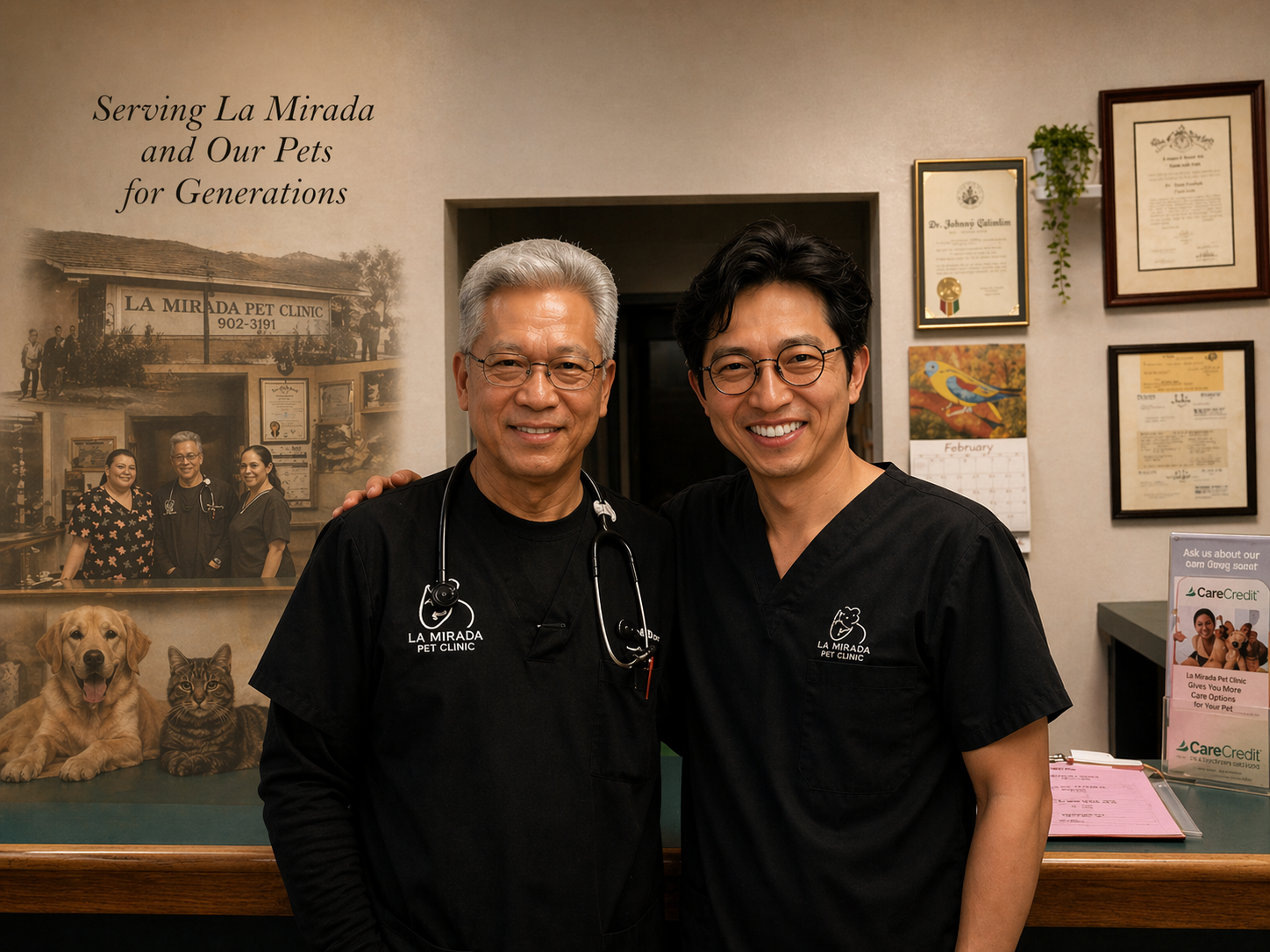 Portrait of Dr. Johnny Calimlim and Dr. Seungbong Choi at La Mirada Pet Clinic, representing the clinic’s legacy and continued care