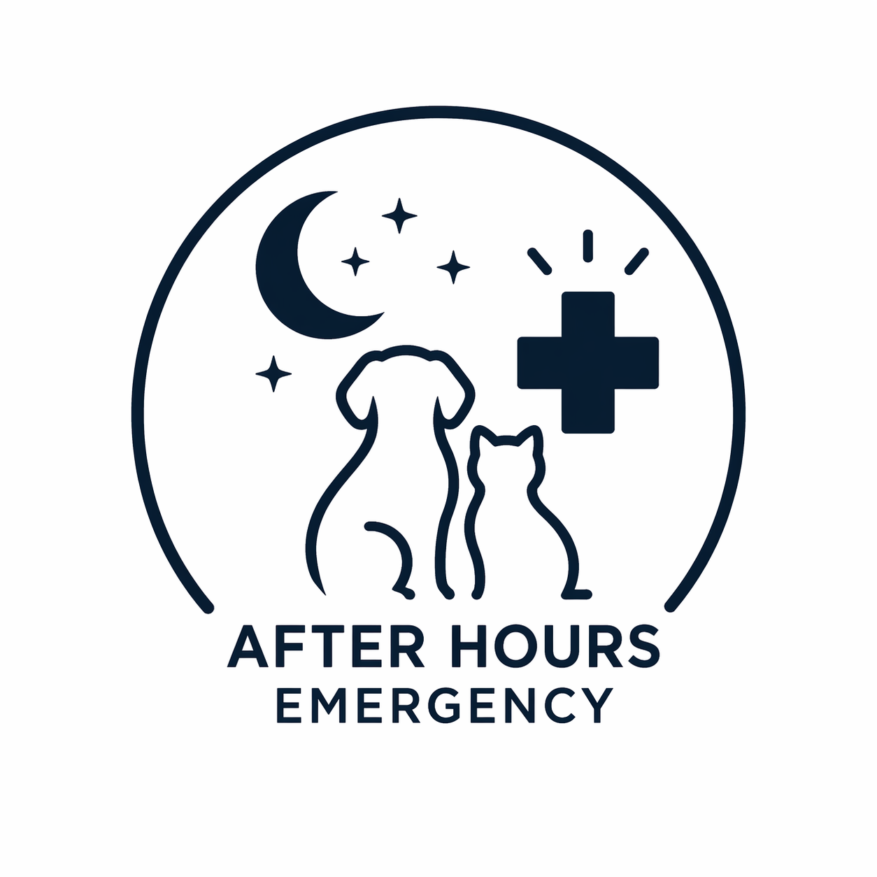 After-hours emergency icon showing a dog and cat under a moon with a medical cross
