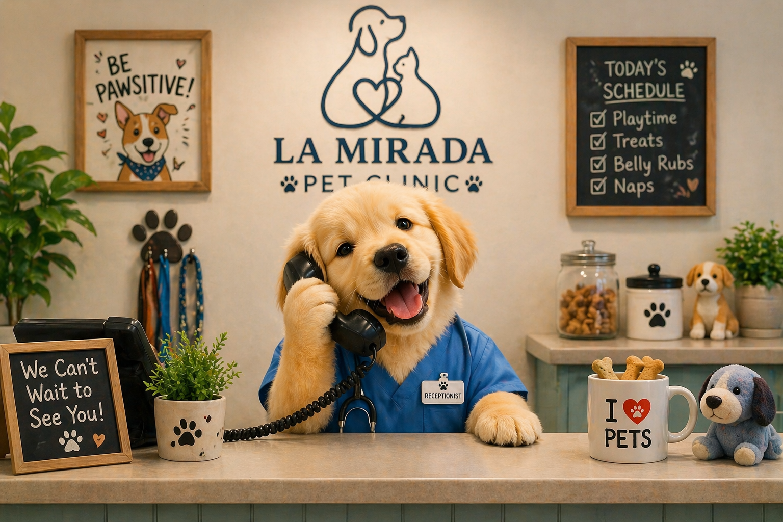 Playful veterinary reception image showing a puppy at the front desk holding a phone