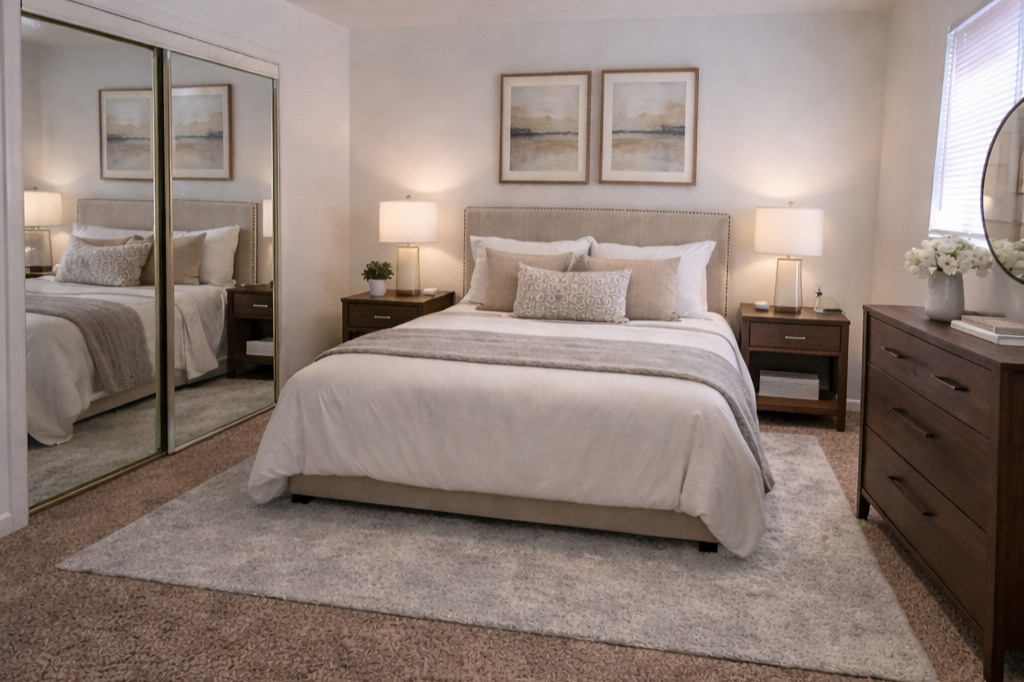 A bedroom with a large bed, beige headboard, and white bedding, flanked by two nightstands with lamps. There is a mirror on a dresser, framed artwork above the bed, a rug under the bed, and a closet with mirrored sliding doors on the left.