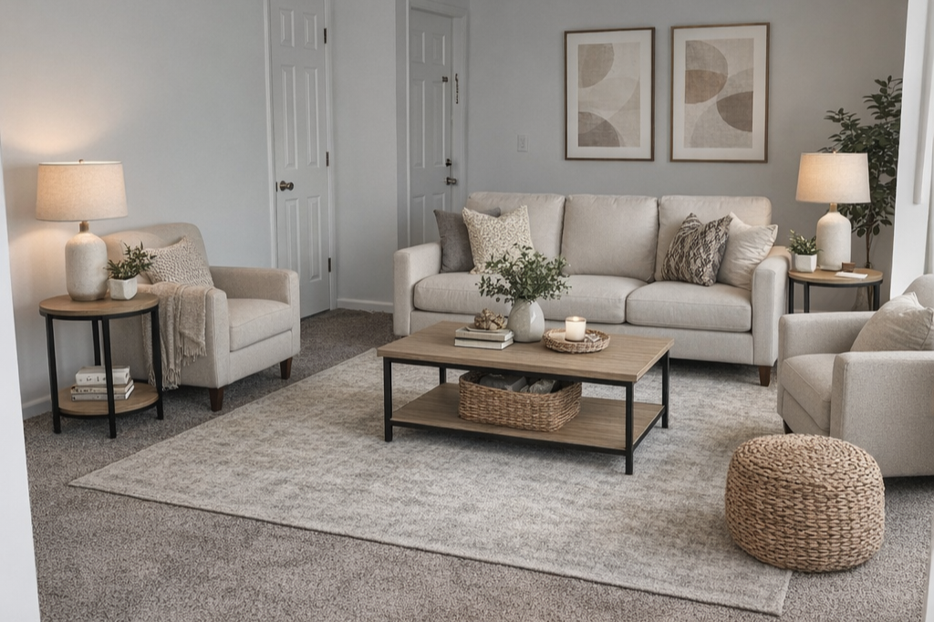 A cozy living room with two white armchairs, one white sofa with decorative pillows, and a central wooden coffee table with a plant, candles, and books. There are two side tables with lamps, and framed abstract art on the wall. The room features a be