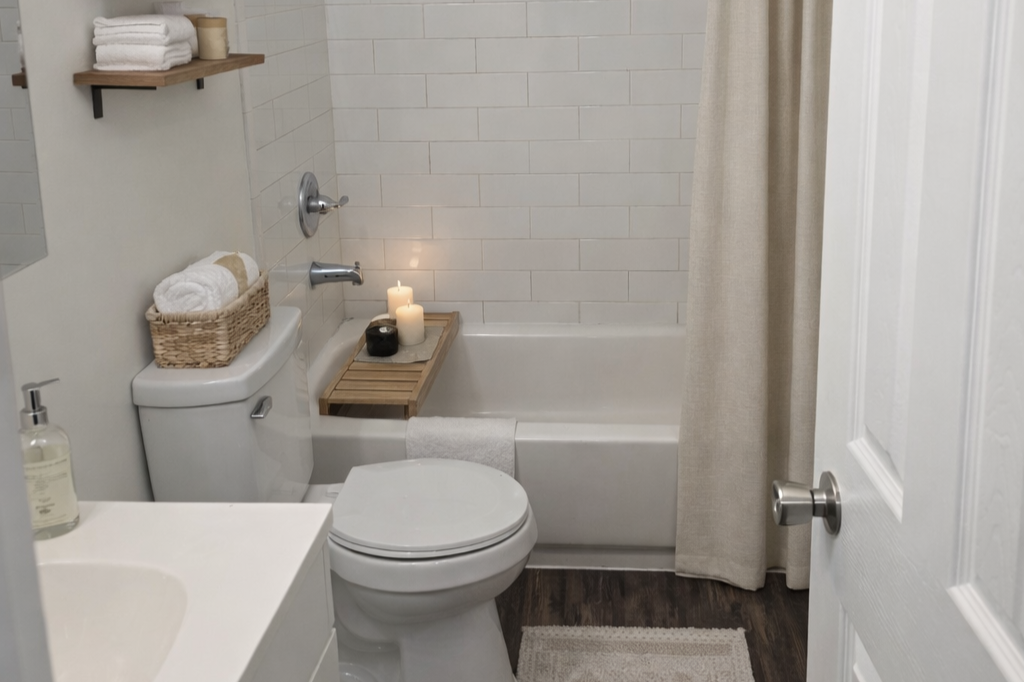 Small bathroom with a bathtub, shower curtain, toilet, and sink. Decor includes candles, towels, and a wooden shelf on the wall.