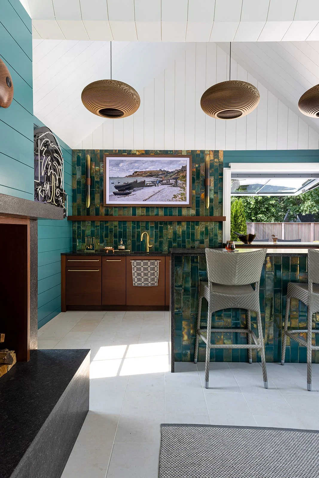 vibrant green wood paneling, tile and wicker accents