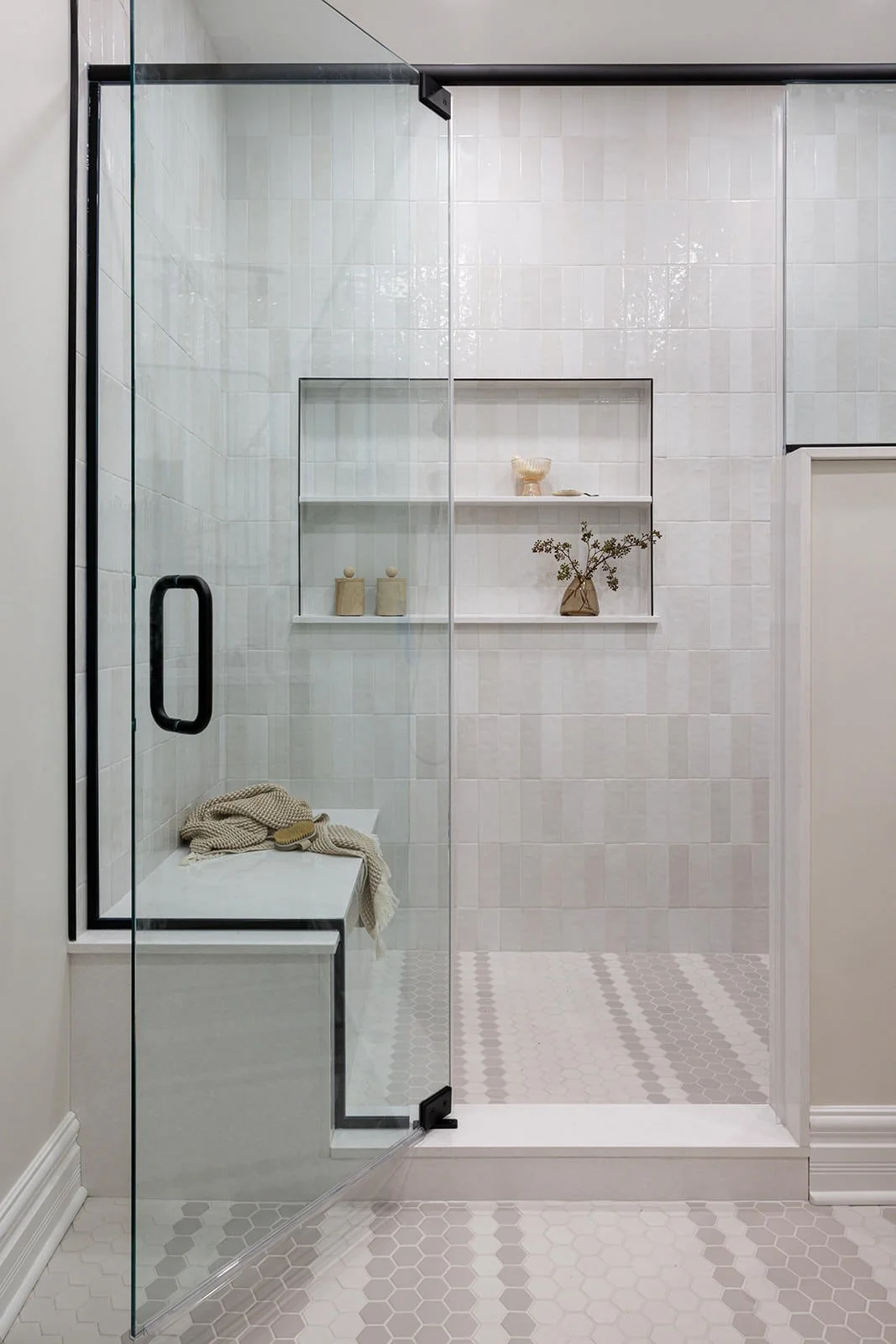 classic marble and penny tile bathroom design for luxury residential interior designers
