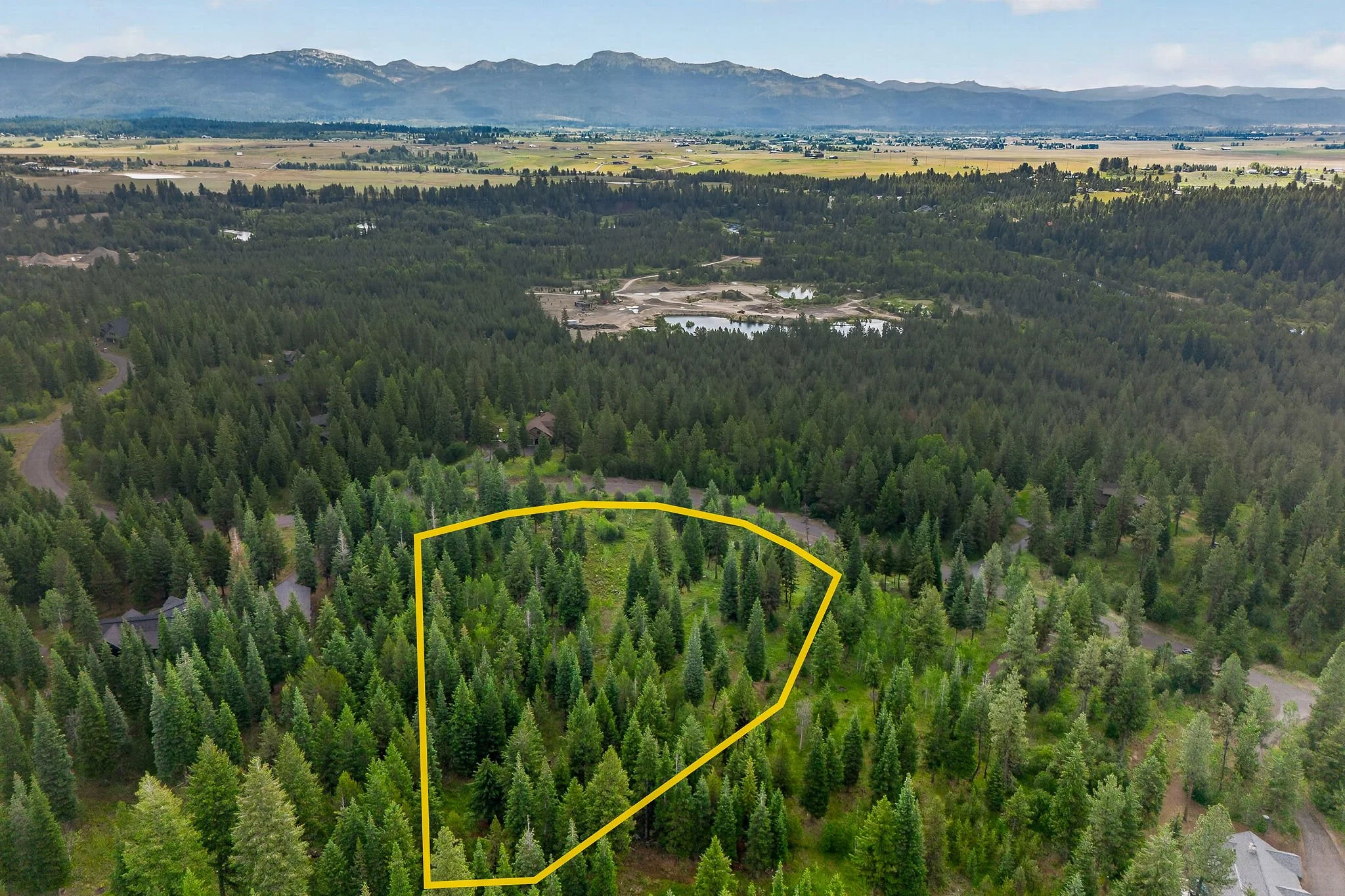 Aerial view of a forested area with a yellow outline marking a specific section, mountains in the background, and some bodies of water and houses visible in the distance.