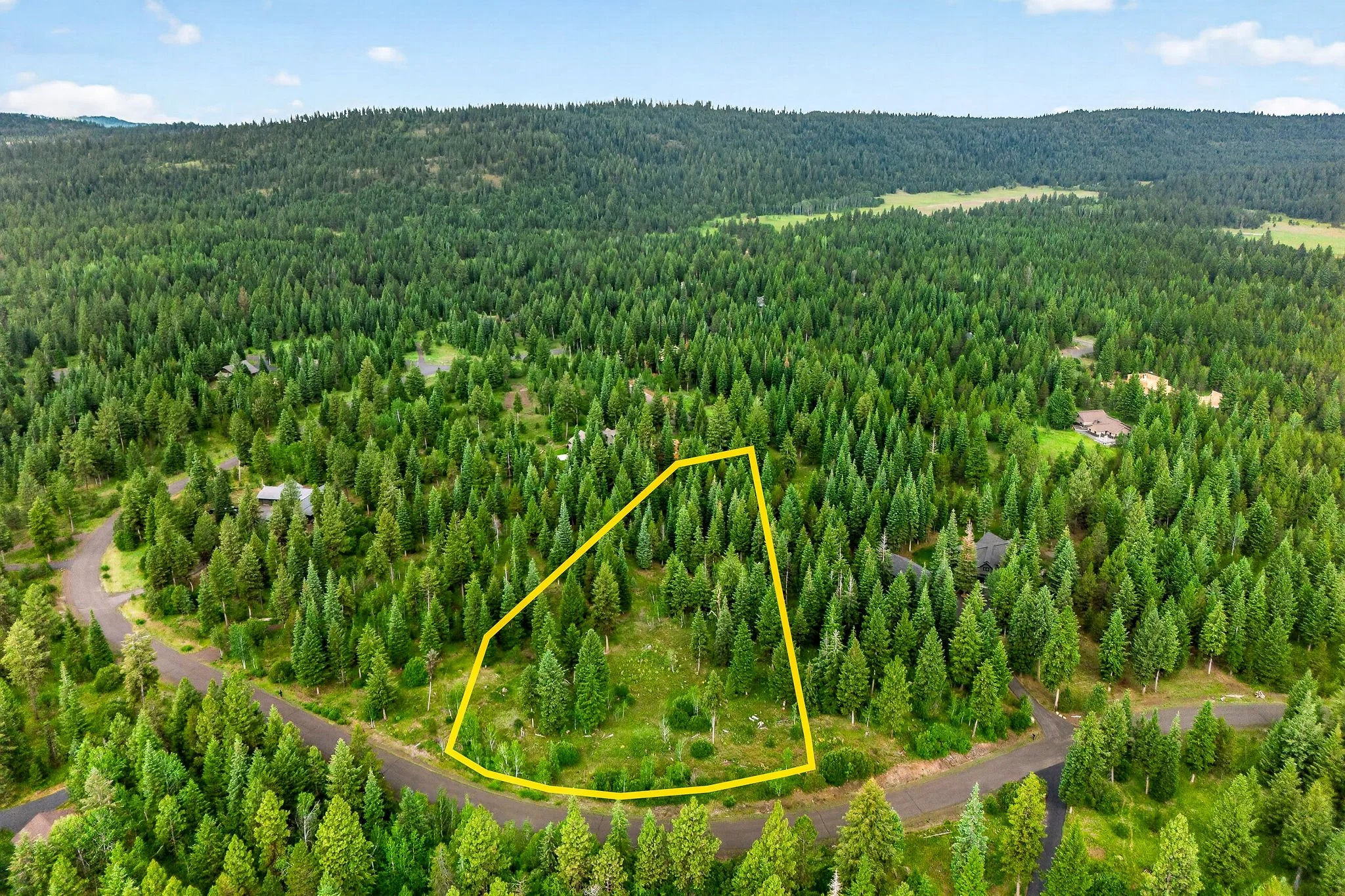 Aerial view of a dense forested area with houses and roads, and a yellow outline marking a specific plot of land.