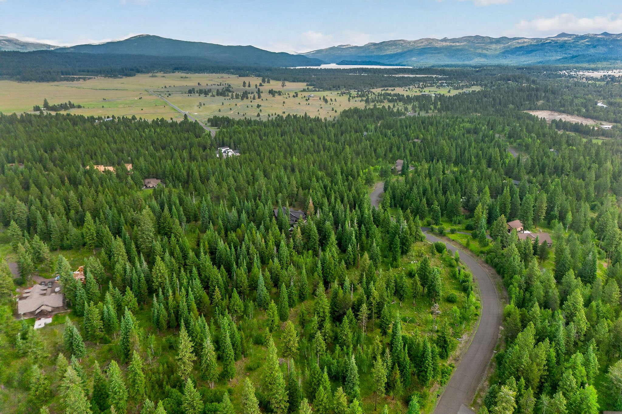 Aerial view of a lush green forest with winding roads, scattered houses, open fields, and distant mountains under a partly cloudy sky.