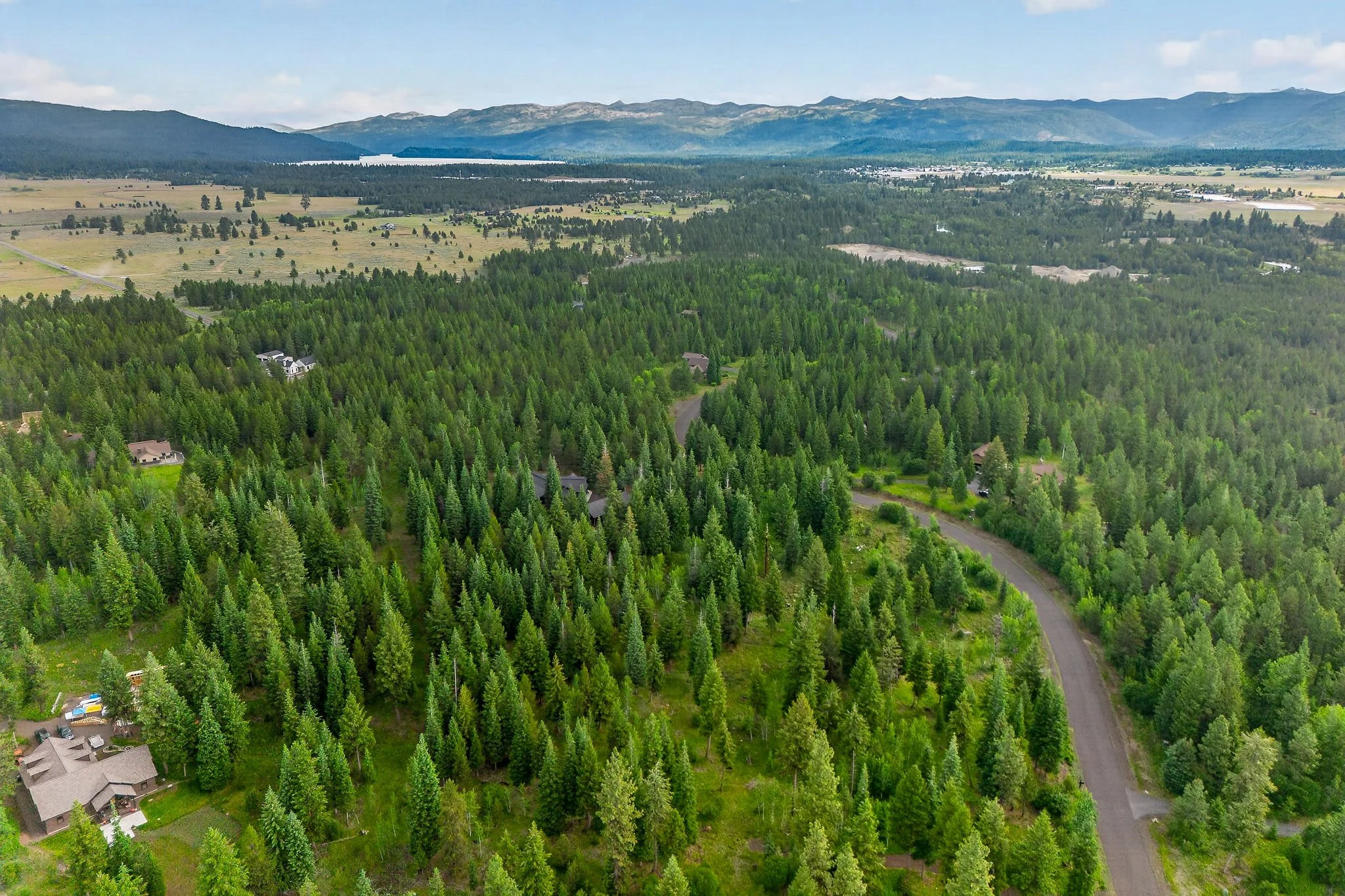 Aerial view of a lush green forest with scattered houses, a winding road, open fields, and distant mountains under a partly cloudy sky.