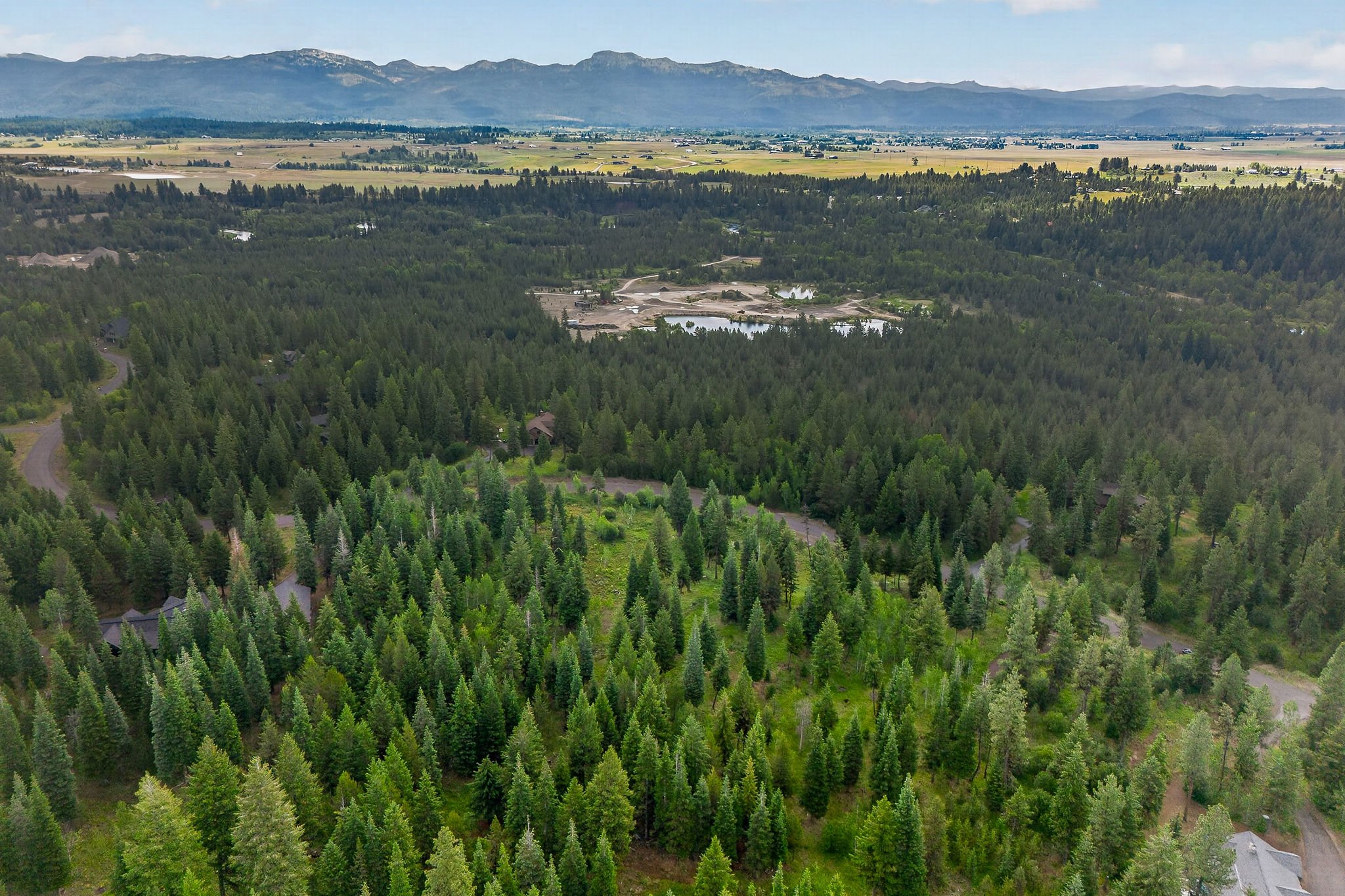 Aerial view of a forested area with houses, a small body of water, and mountains in the background.