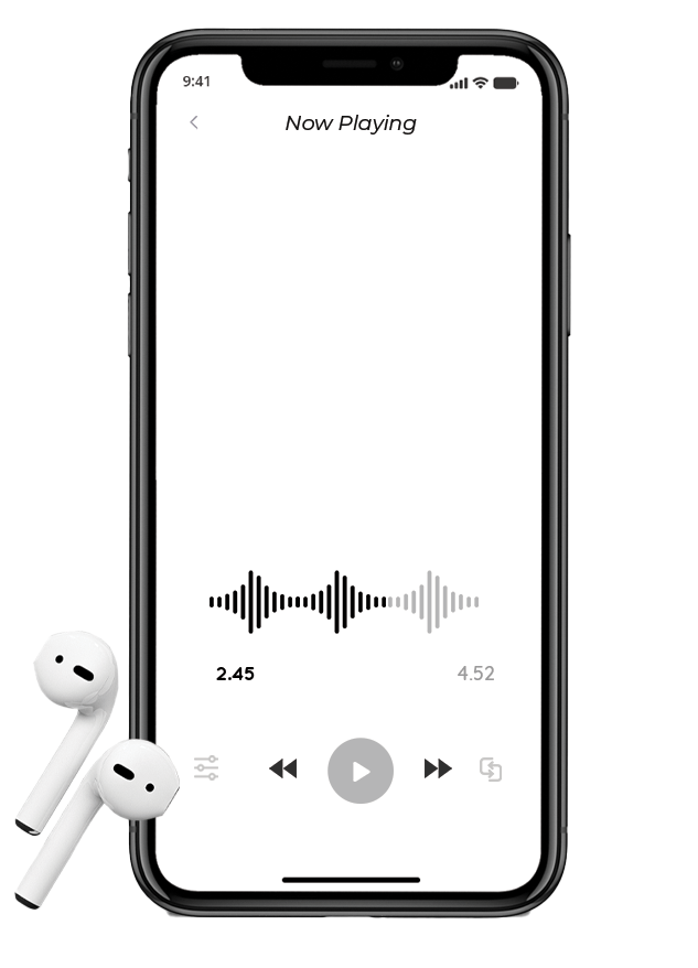 An iPhone with a music player app open, showing a soundwave and playback controls, and wireless earbuds placed beside it.