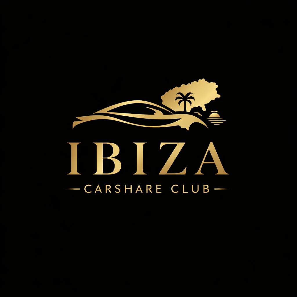 Logo dorado con arquitectura moderna y elementos de naturaleza, con un árbol palmera y una colina, que dice 'Ibiza Carshare Club' en letras grandes.