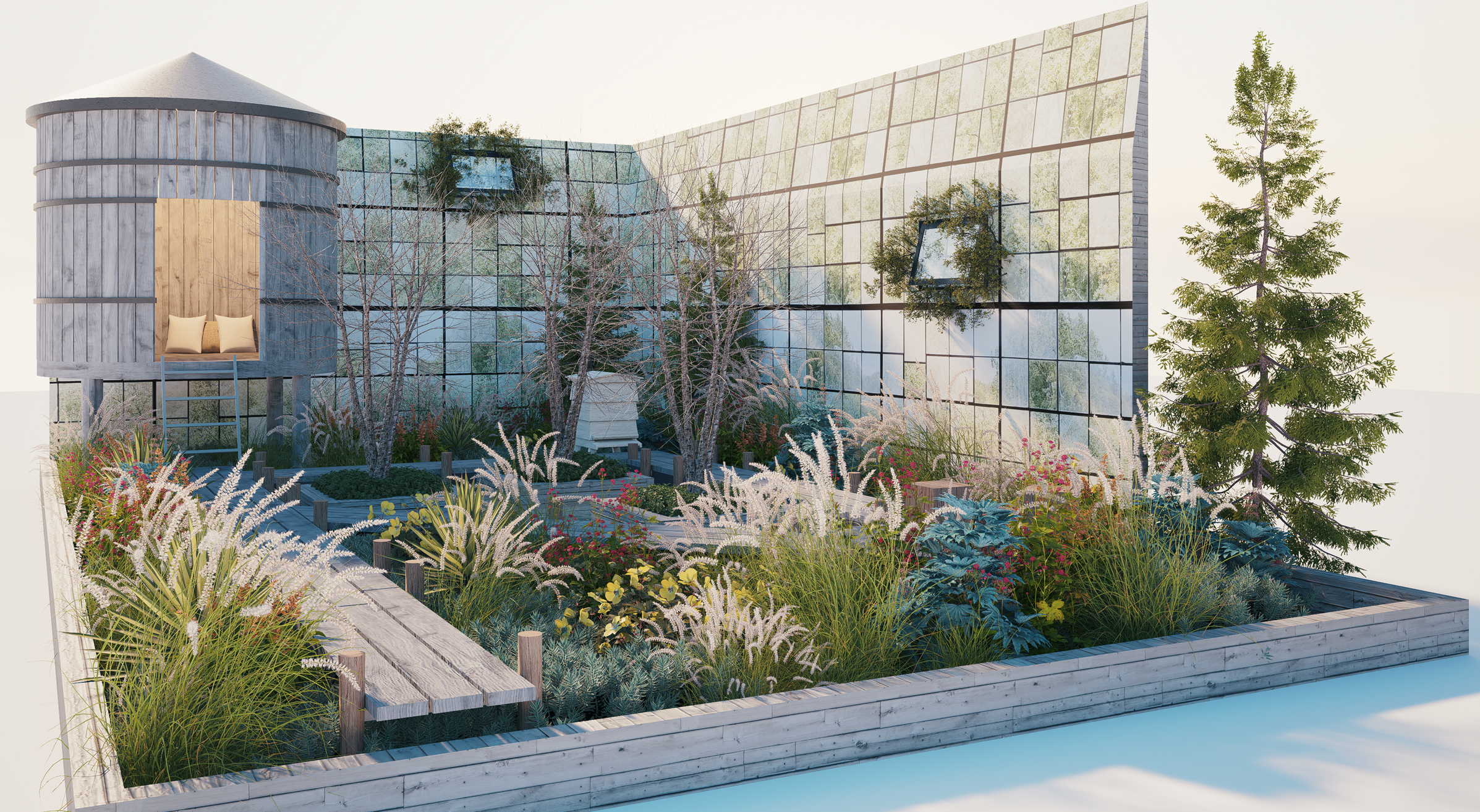 A modern garden in an industrial courtyard, trees, a glass wall, and various plants and flowers.