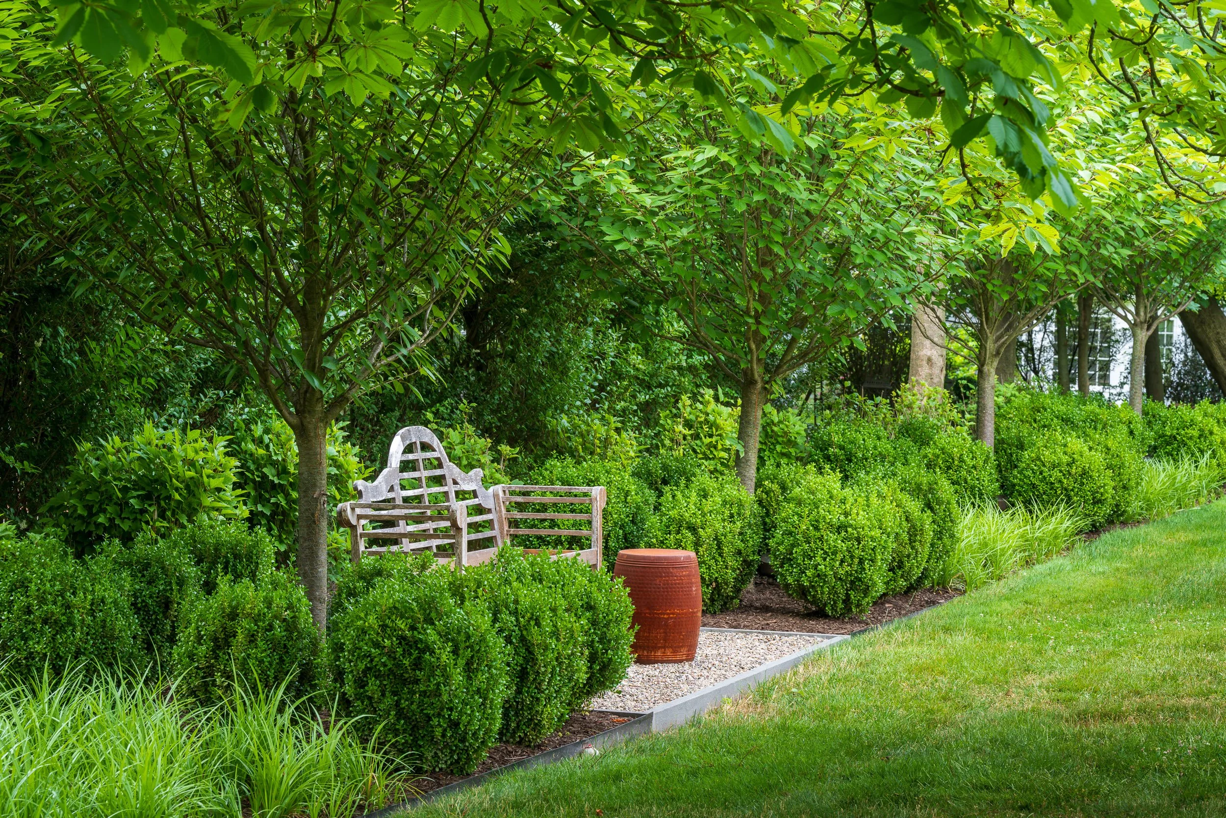 A garden scene with a wooden bench, a brown ceramic pot, manicured green bushes, maturing trees with broad green leaves, and a grass lawn.