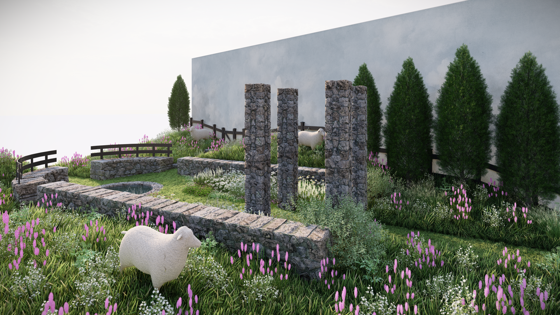 A lush garden with a small pond surrounded by stone walls, pink and white flowers, tall green trees, and a white sheep on the grass.