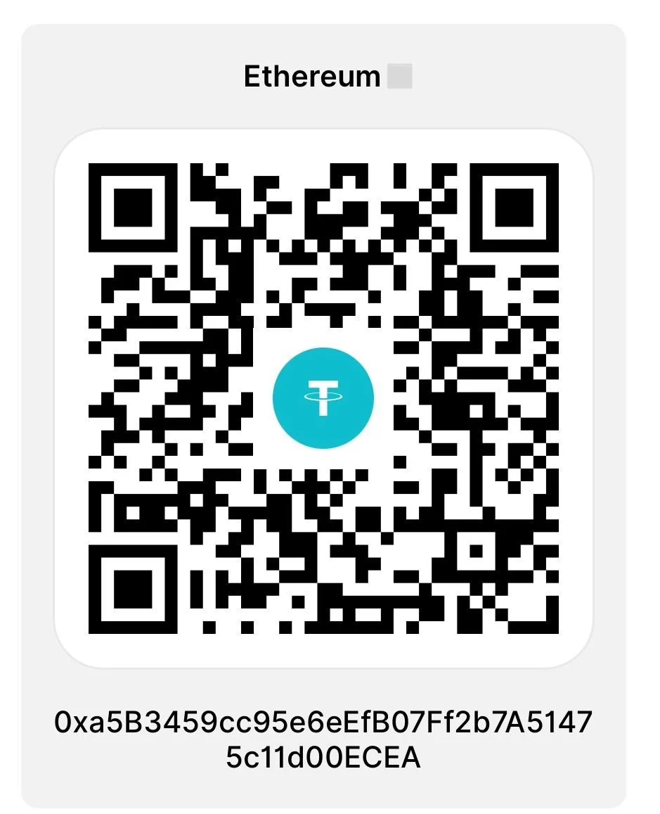 A QR code with the Ethereum logo in the center, labeled 'Ethereum,' and a blockchain address underneath.
