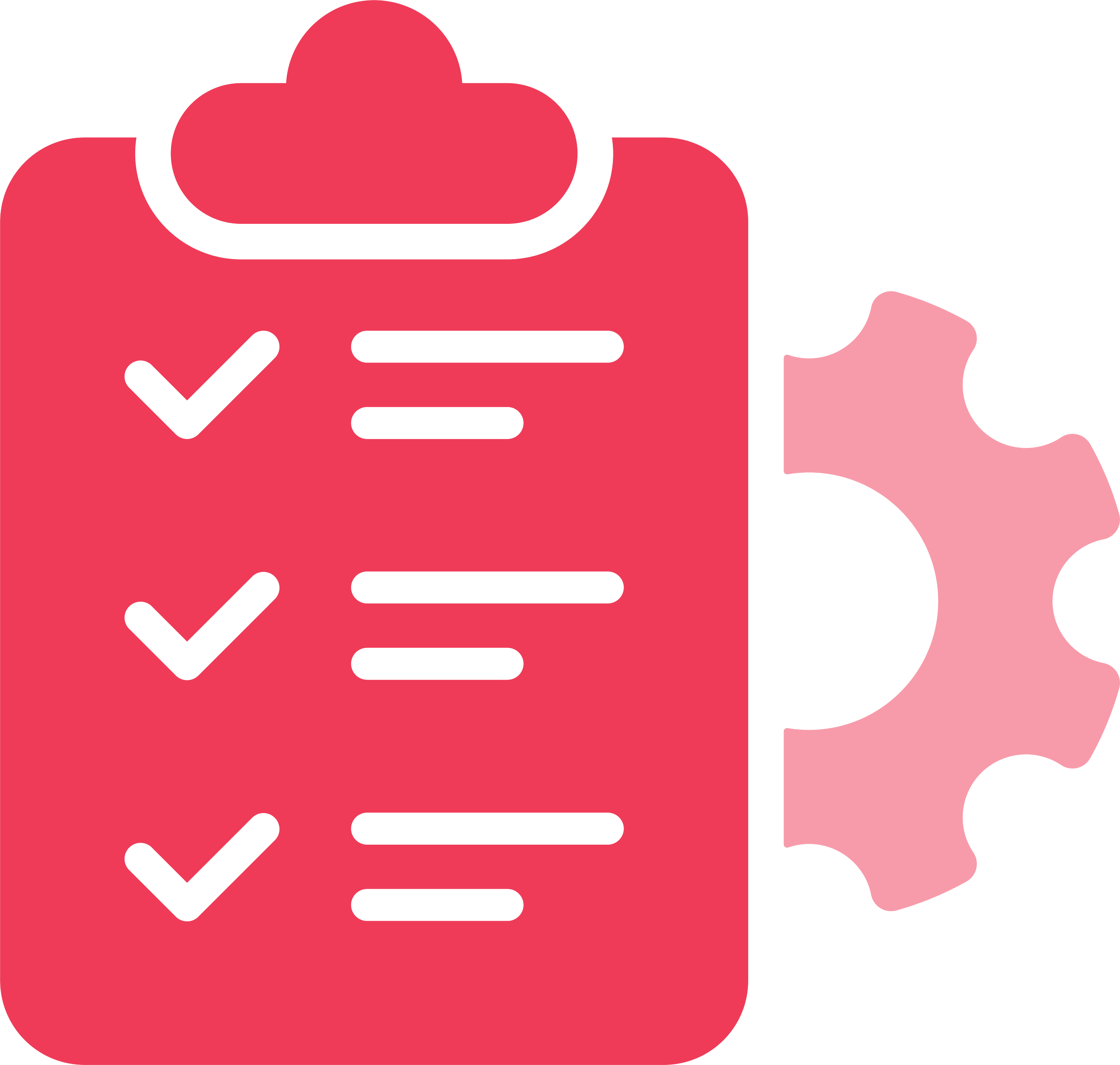 Illustration of a clipboard and gear in pink and red