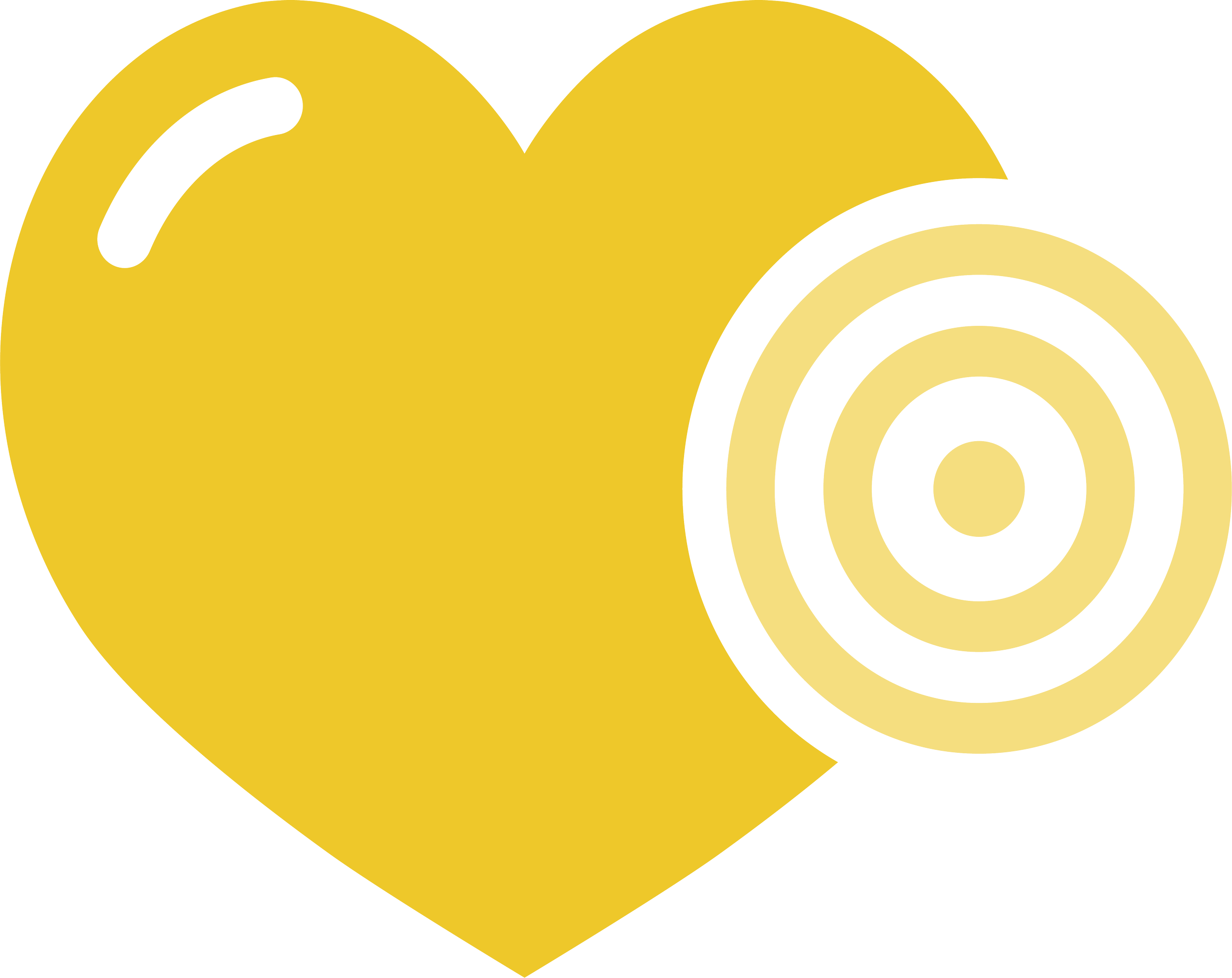 A stylized yellow heart with concentric yellow rings inside it