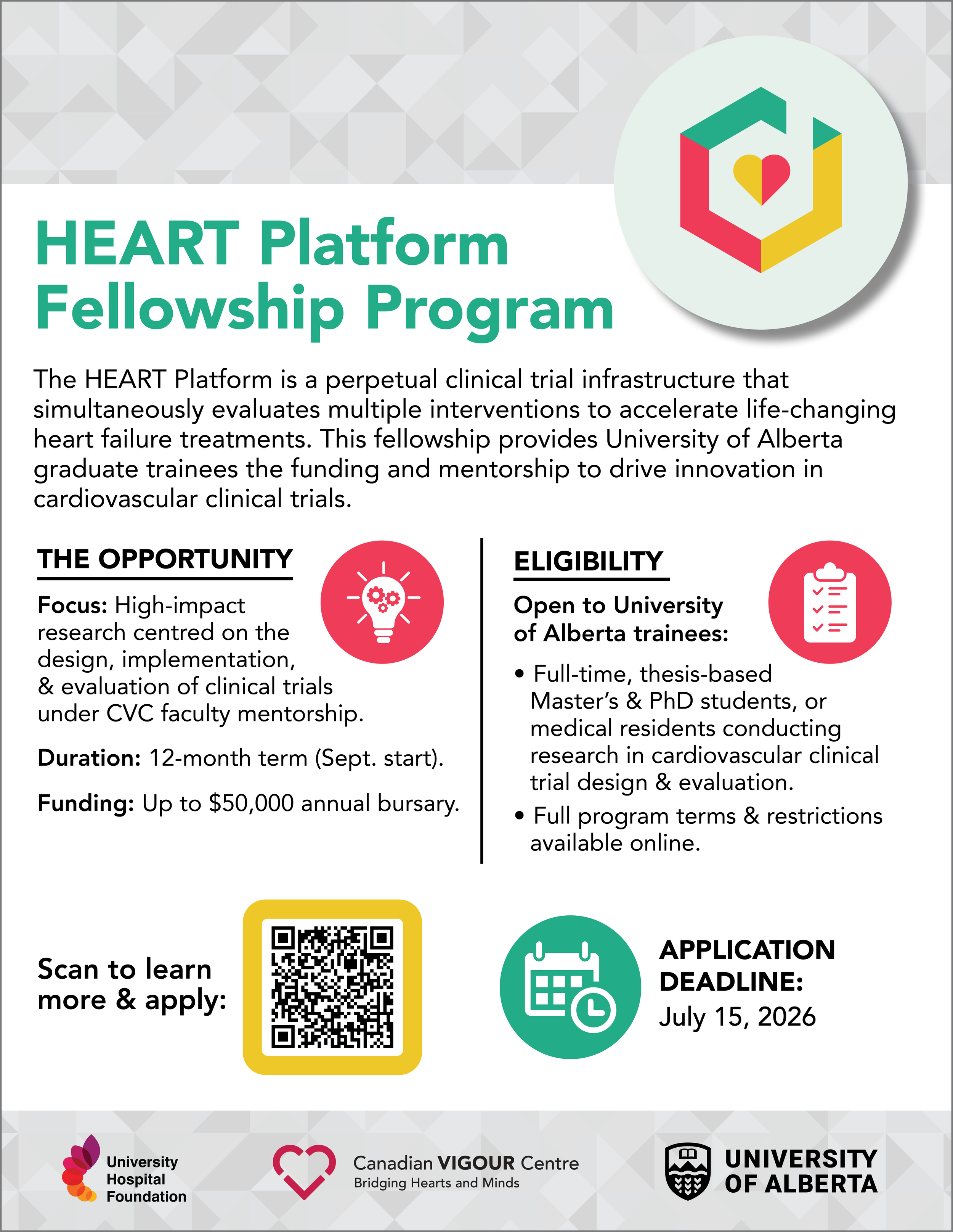 Poster advertising the HEART Platform Fellowship Program at the University of Alberta, with details about eligibility, duration, funding, and application deadline, including logos of University Hospital Foundation, Canadian VIGOUR Centre, and University of Alberta.