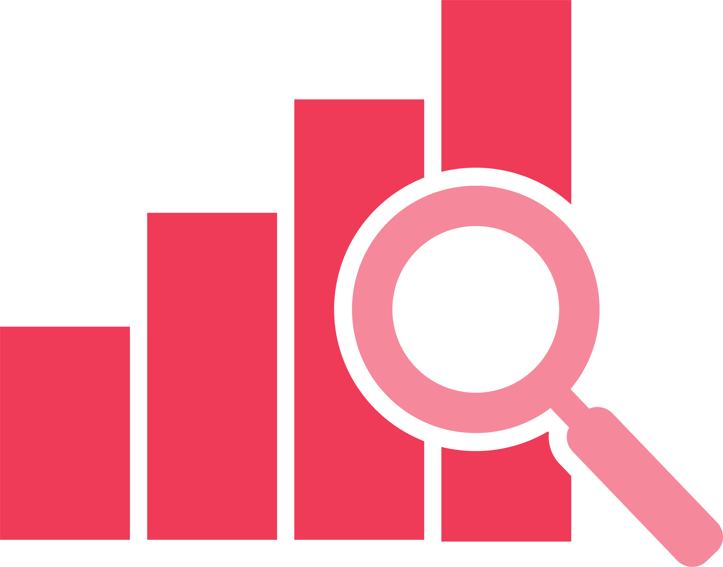 Bar graph with red bars and a pink magnifying glass overlay on the right side.