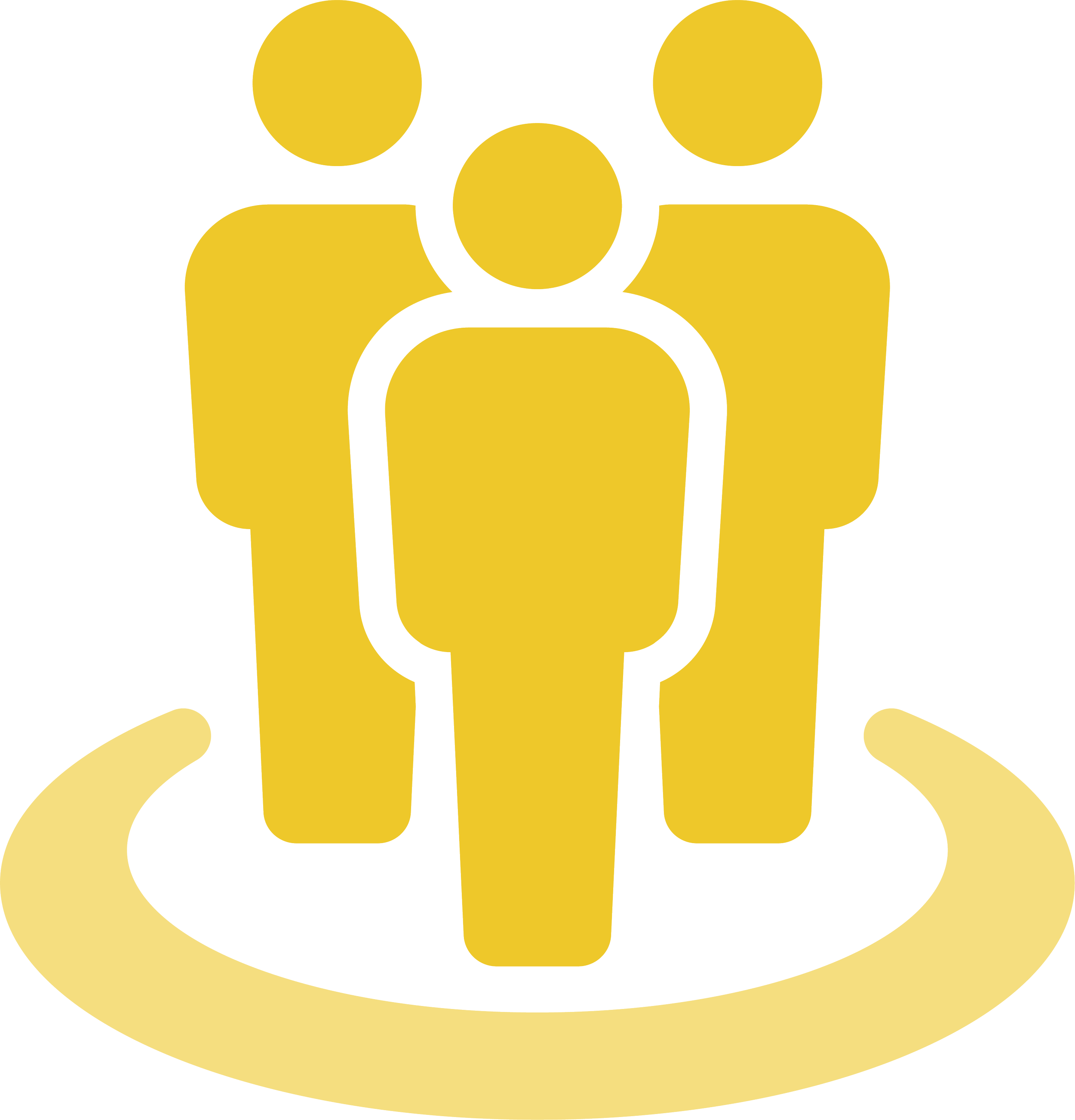 A stylized icon of three human figures in yellow, with a large yellow circle behind them, representing a group or community.