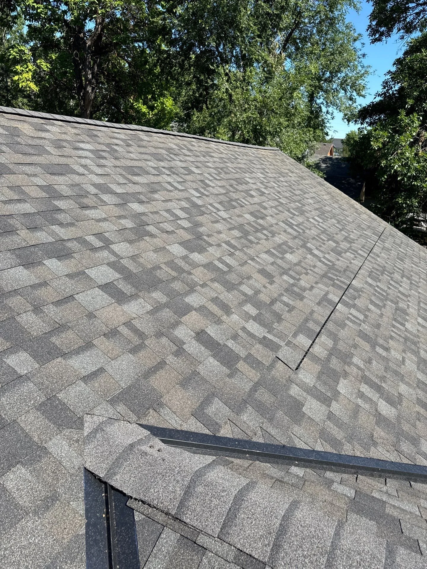 A roof covered with asphalt shingles, surrounded by green trees and a clear blue sky in the background.