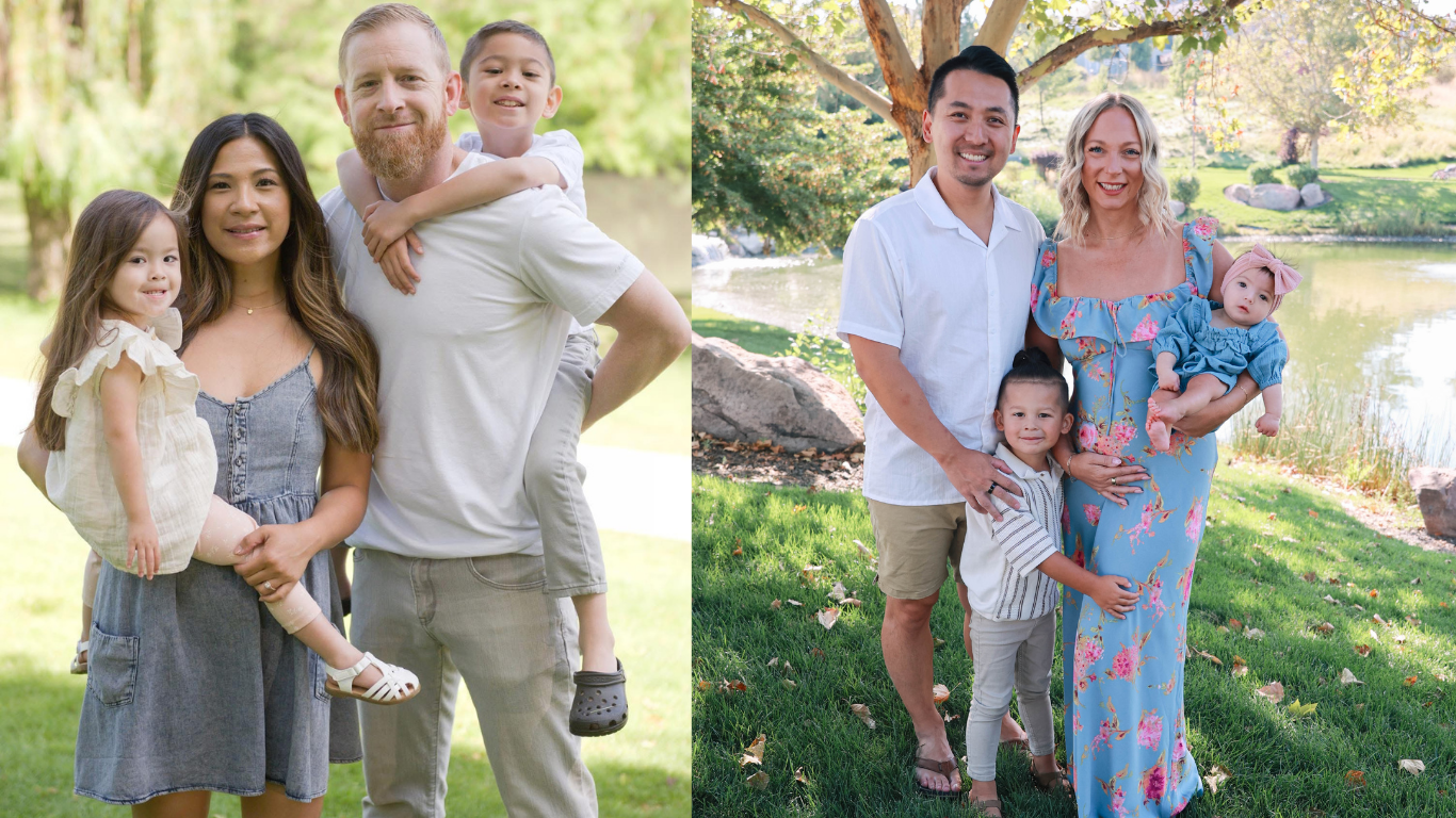 Two families holding children in outdoor park settings.