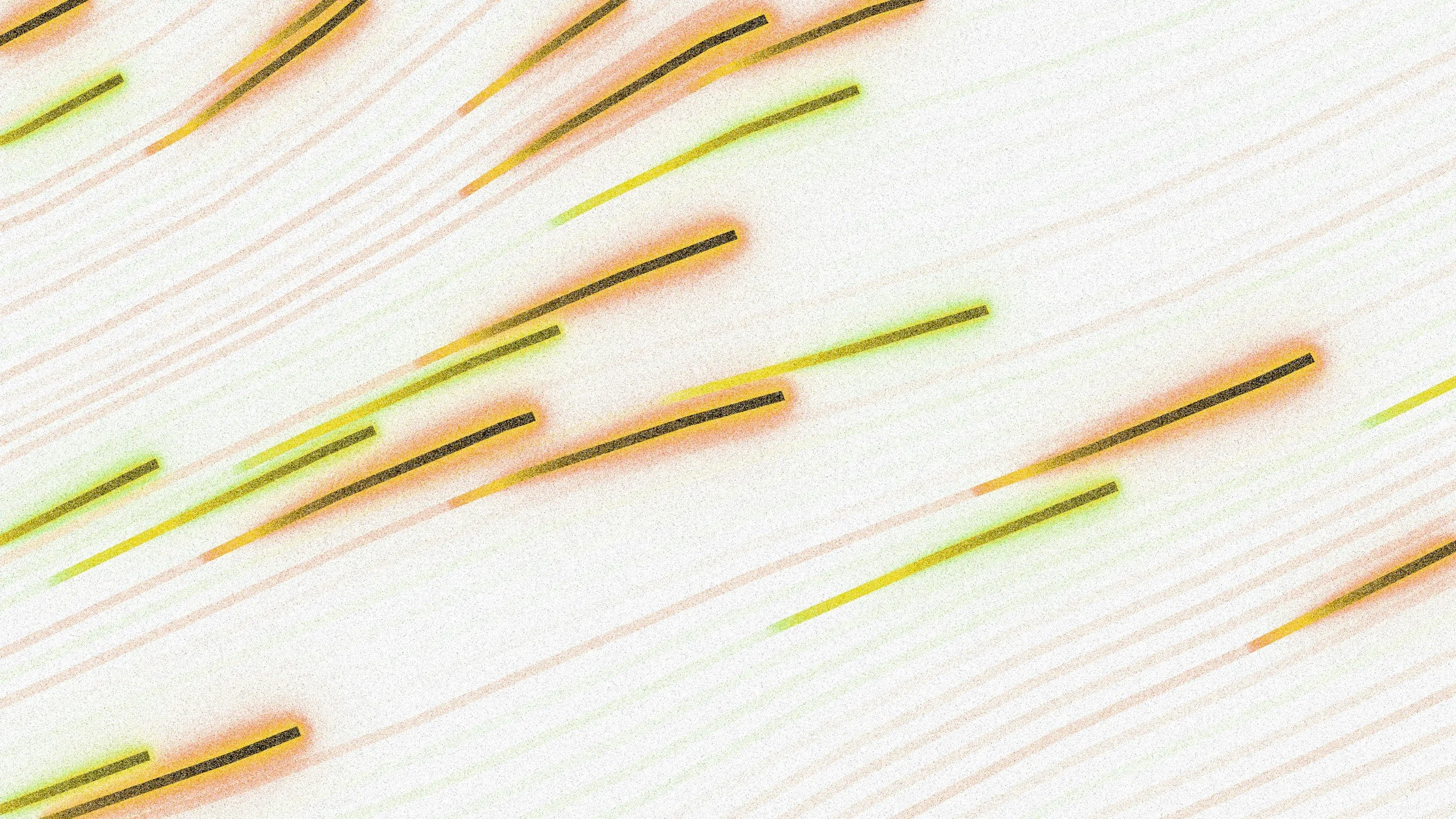 Abstract image with diagonal lines in shades of yellow, orange, pink, green, and black on a light background.